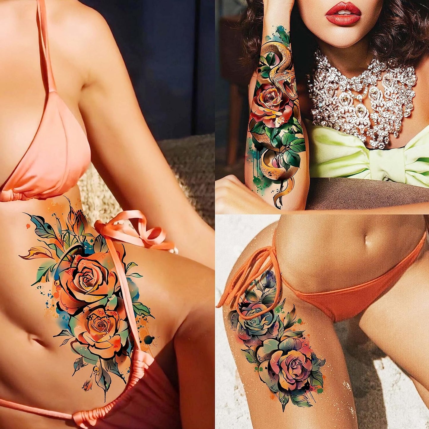 63 Sheets 3D Watercolor Rose Temporary Tattoos For Women Arm Girls Adults, Water Color Peony Flower Tattoo Sticker, Bulk Temp Fake Long Lasting Tattoo Colorful Floral Moon Snake Lion Wolf Tiger