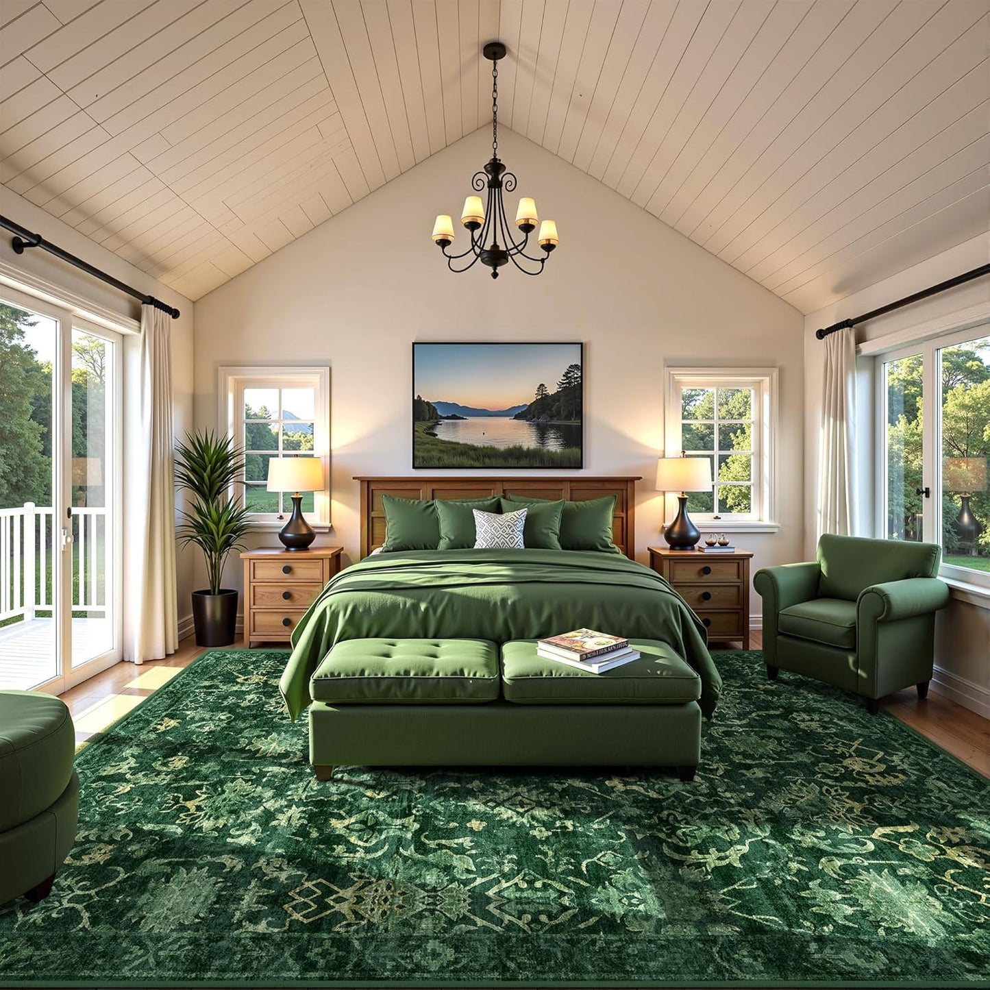 Deerly Dark Green Area Rugs 10x12 for Living Room Soft Non-Slip, Large Bedroom Rug Vintage Dining Room Rug Tribal Farmhouse Carpet for Dining Room Office Green