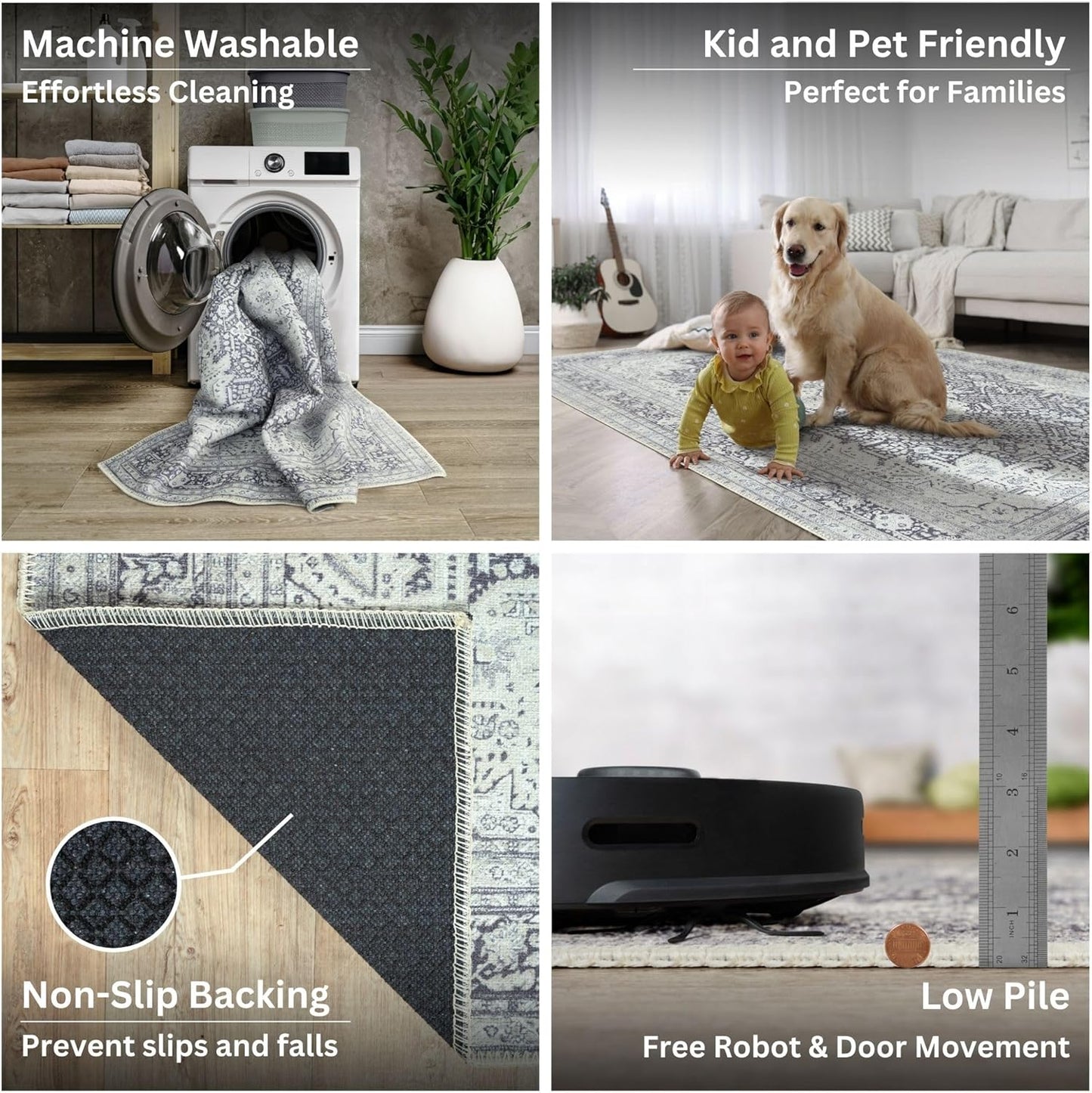 Bloom Rugs Washable Non-Slip 4' x 6' Rug - Charcoal Blue Traditional Medallion Area Rug for Living Room, Bedroom, Dining Room, and Kitchen - Exact Size: 4' x 6'