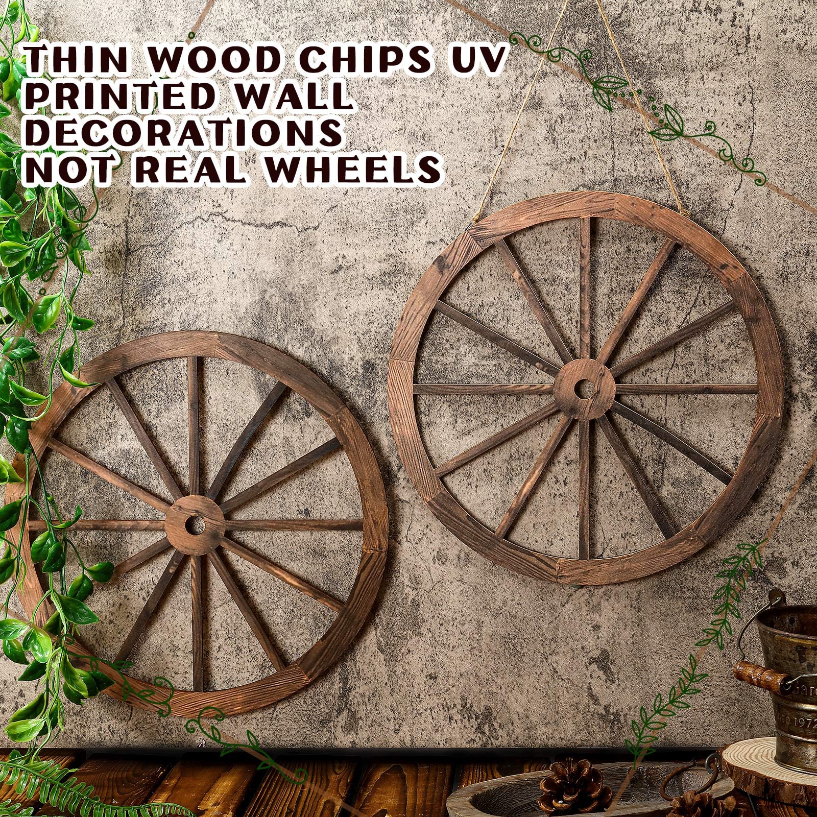 Qunclay 2 Pcs 12 Inch Wooden Wagon Wheel Decor, Western Rustic Decorations
