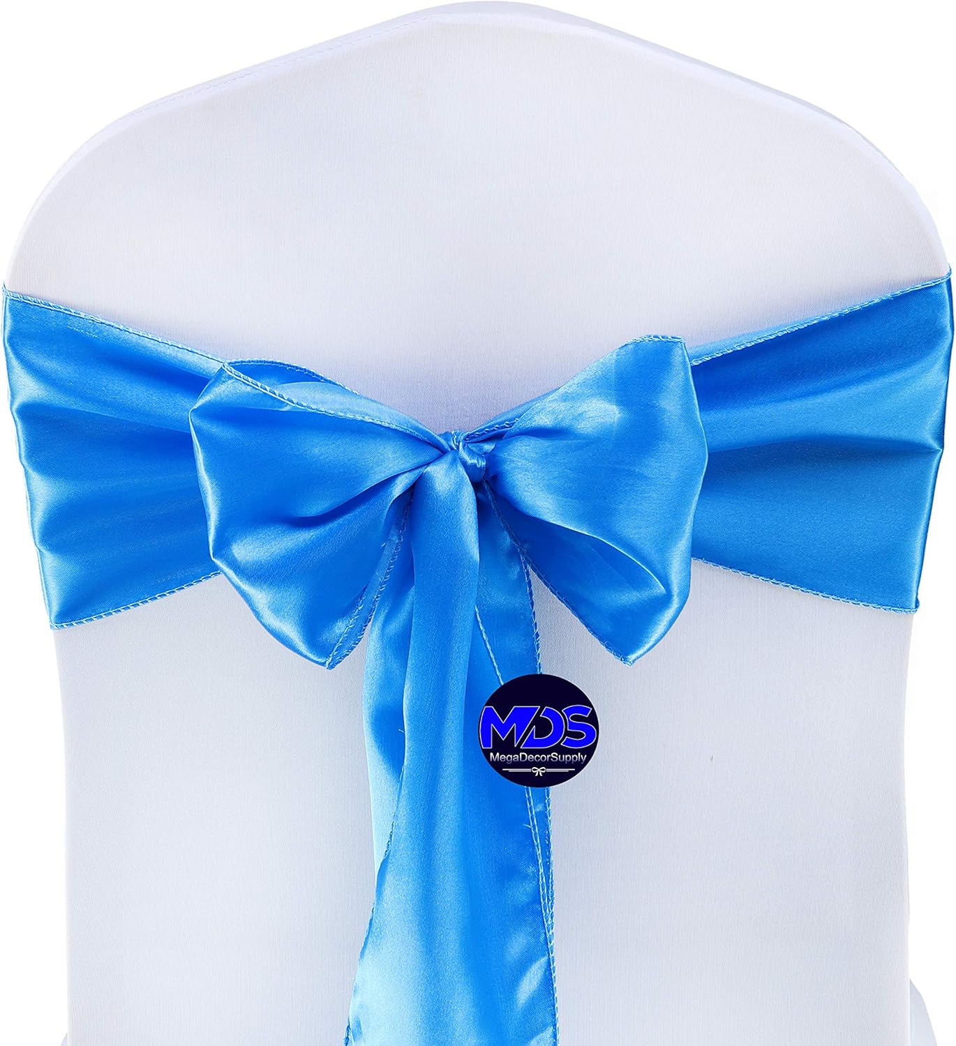 MDS Pack of 200 PCS Satin Chair Sashes Charmeuse Sateen Dining Chair Bows Ribbon Ties Back Sash for Wedding Party Birthday Home Hotel Restaurant Banquet Decoration (7 x 108 Inch, Blue)