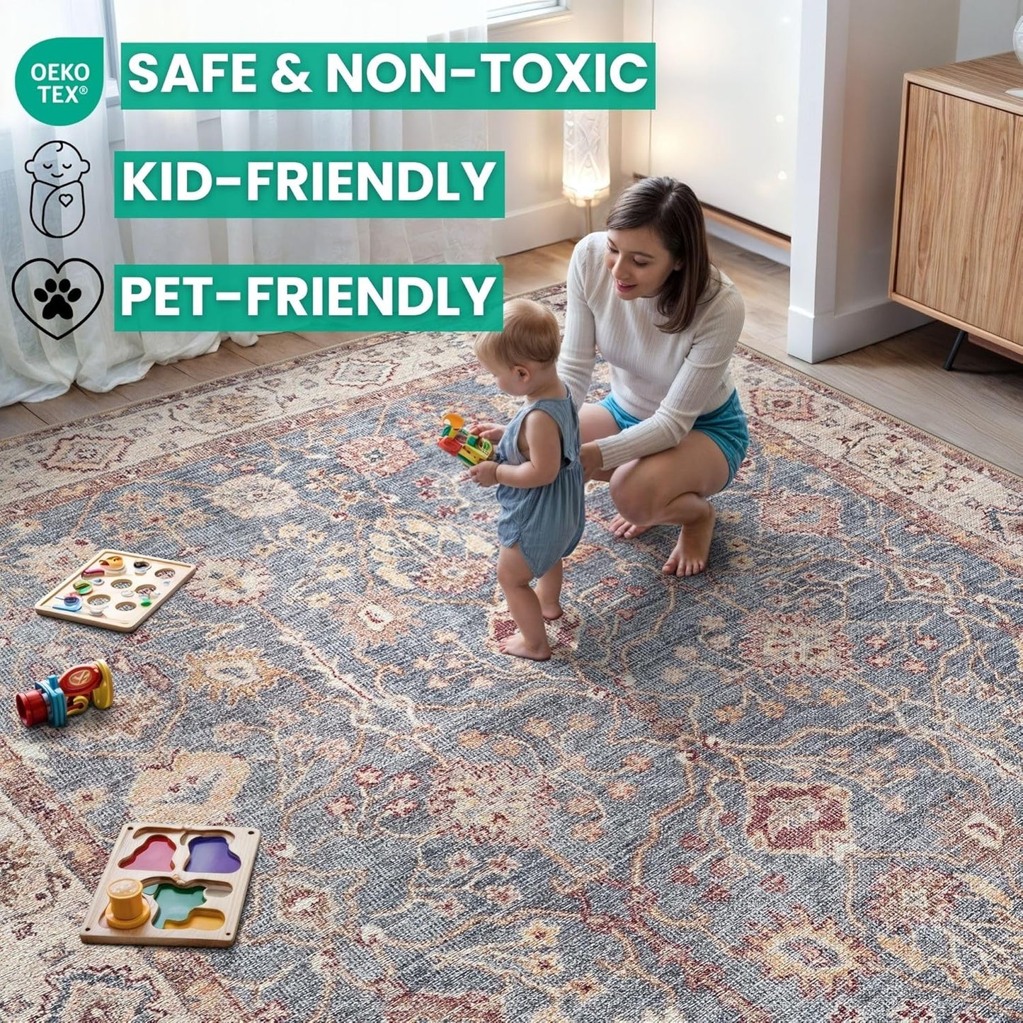 Bloom Rugs Washable Non-Slip 10 ft Runner - Beige/Blue Traditional Bordered Runner for Entryway, Hallway, Bathroom, and Kitchen - Exact Size: 2.5' x 10'