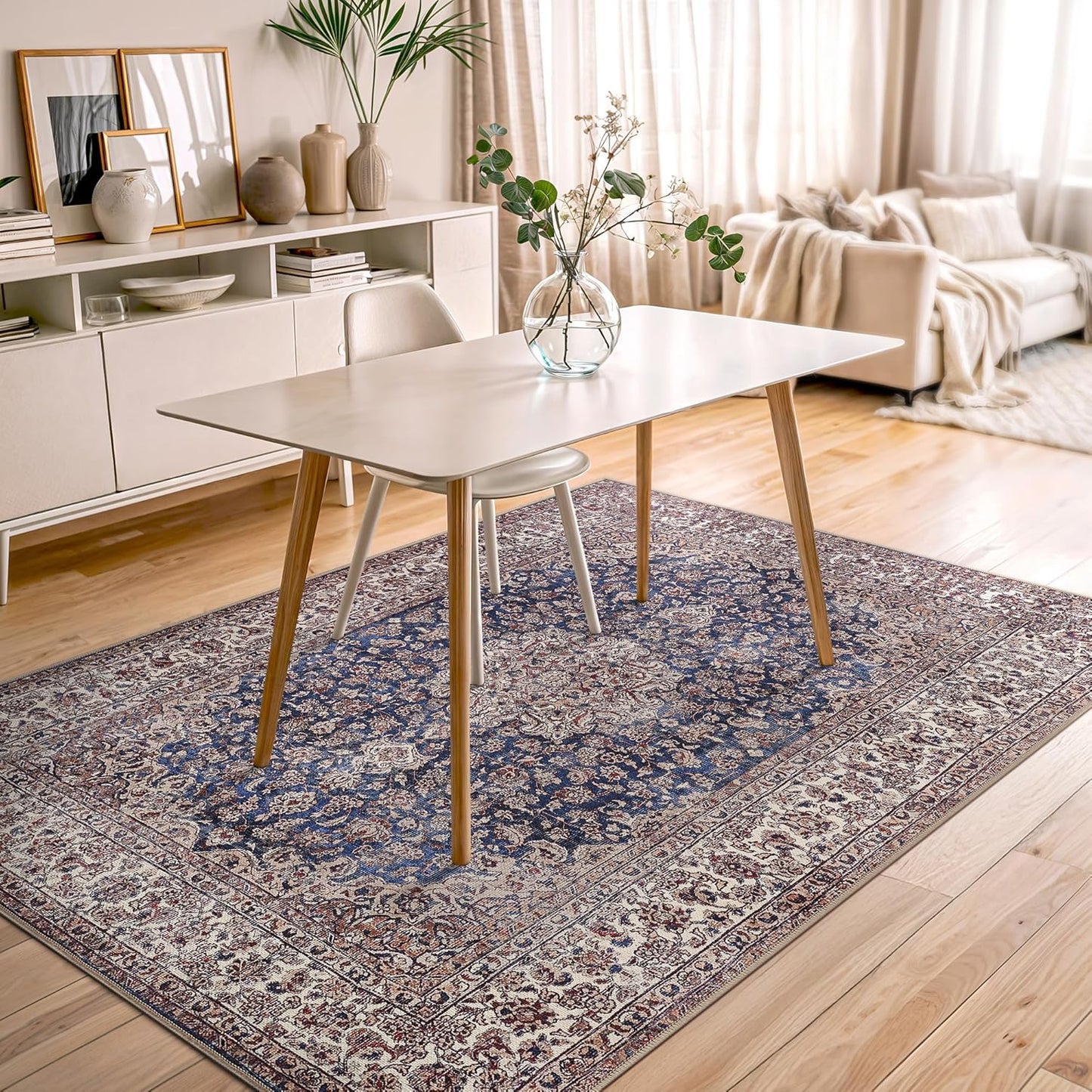 Bloom Rugs Washable Non-Slip 5' x 7' Rug - Dark Blue/Beige Traditional Medallion Area Rug for Living Room, Bedroom, Dining Room, and Kitchen - Exact Size: 5' x 7'