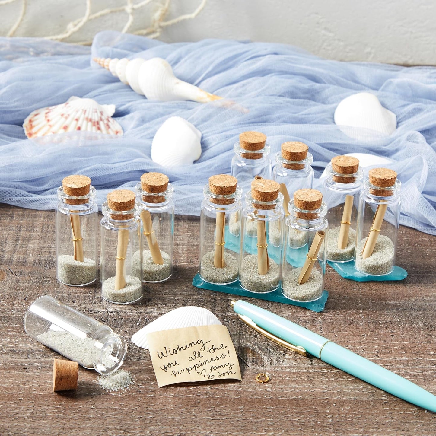 Bright Creations 48 Pack 10ml Create A Message In A Bottle Kit, Bulk Small Glass Cork Bottles with Mini Scrolls for Time Capsules, Wedding Favors