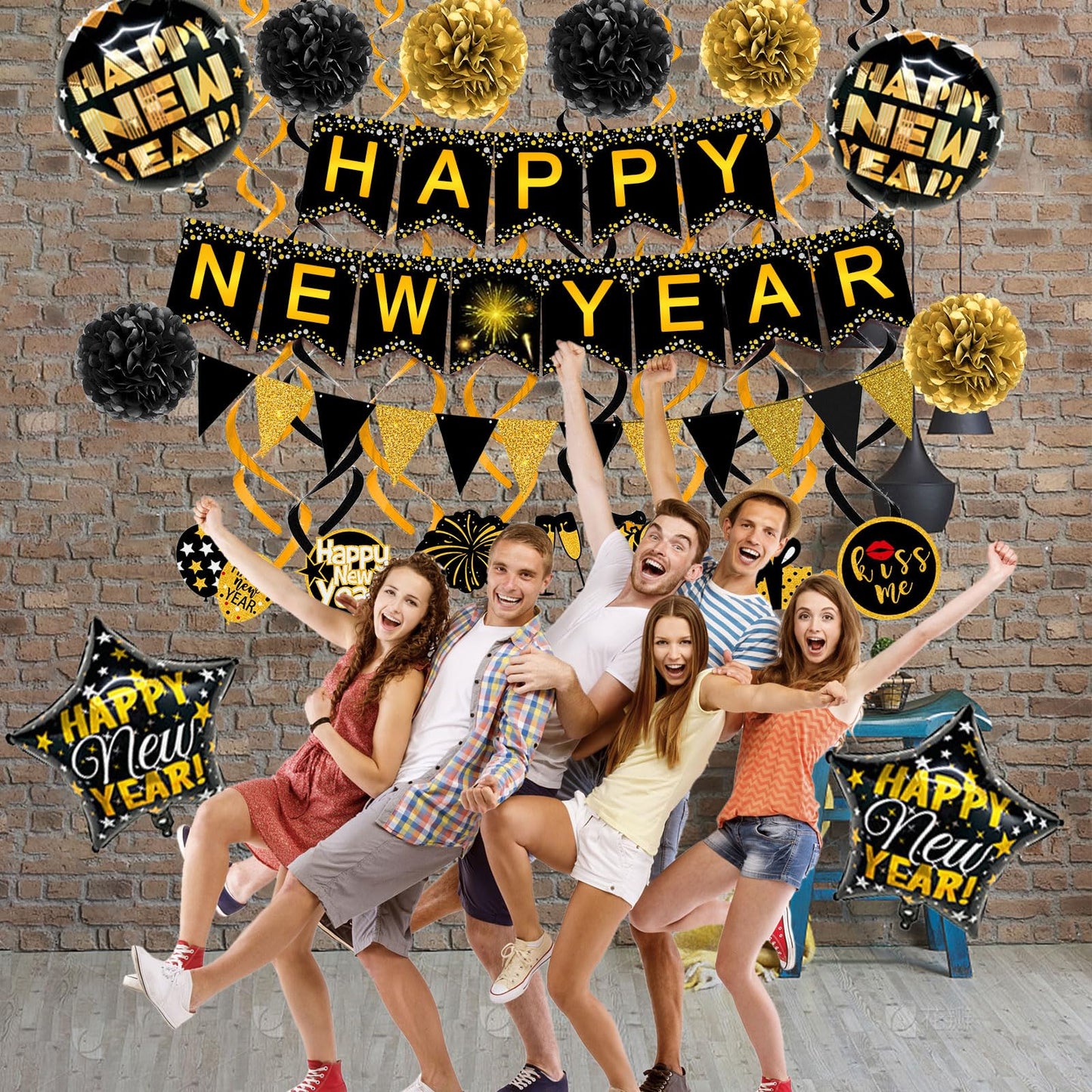 Famoby Happy New Year Paper Banner Triangle Flag Bunting Pom poms Swirls Streamers & Balloons for