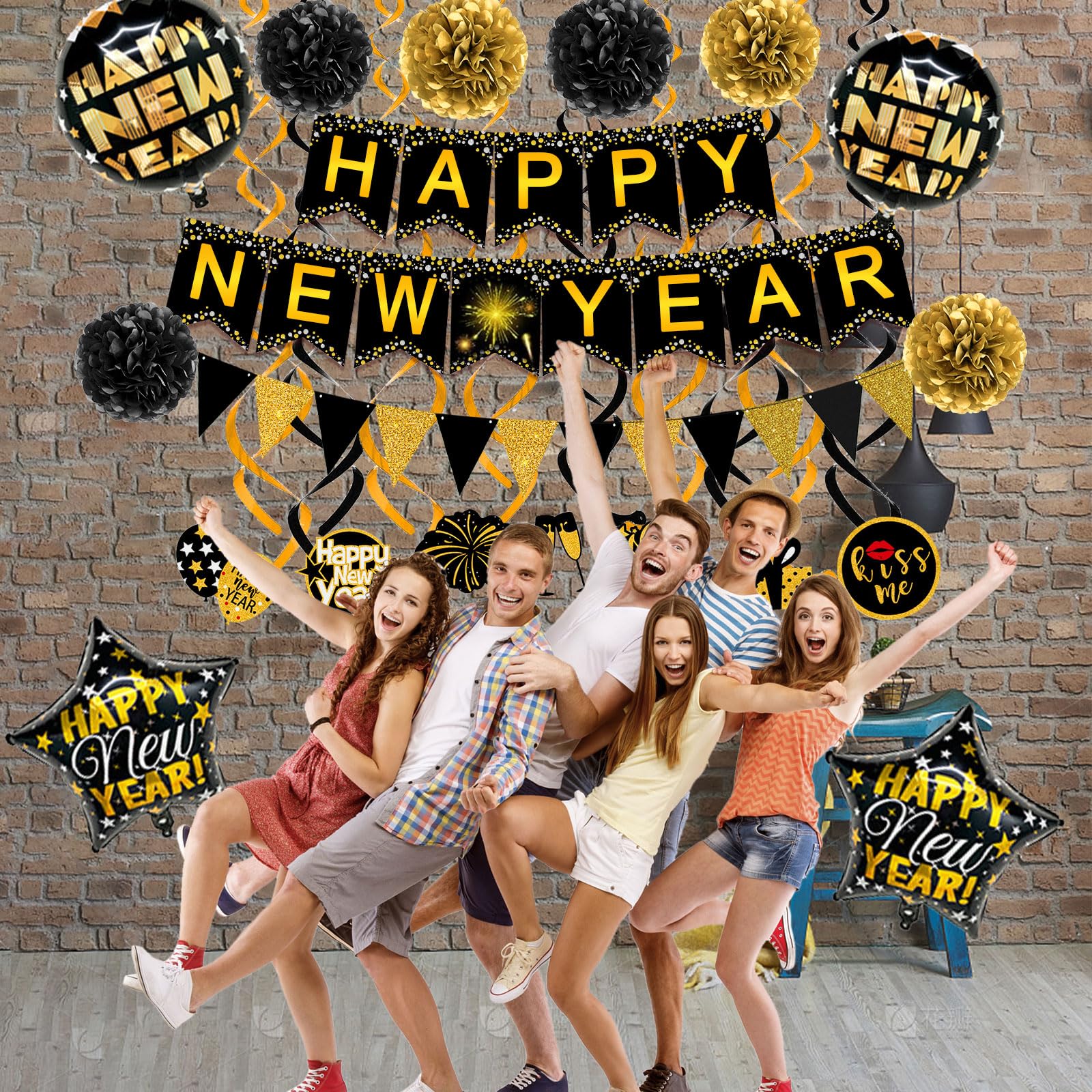 Famoby Happy New Year Paper Banner Triangle Flag Bunting Pom poms Swirls Streamers & Balloons for