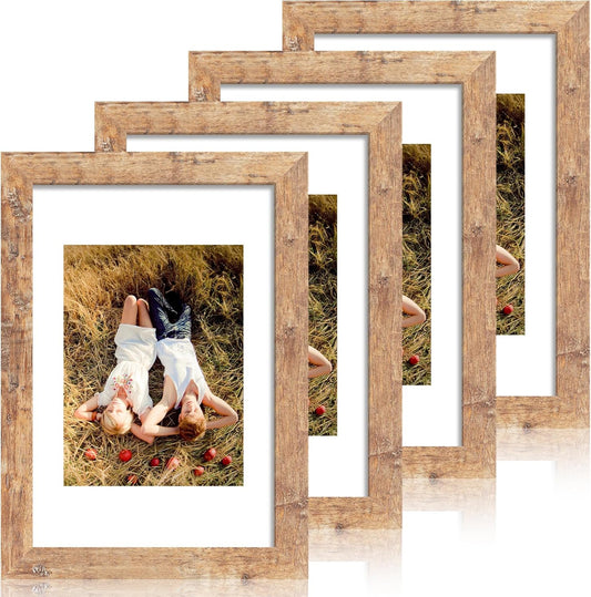 8x12 Picture Frame Set of 4 with High Definition Real Glass, Display 6x8 Pictures with Mat or 8 x 12 Without Mat, Rustic Brown Wood Photo Frames for Tabletop and Wall Mounting