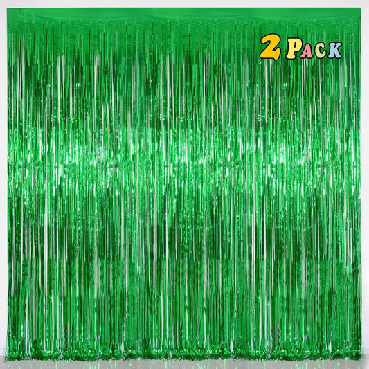 Melsan St Patricks Day Decorations, Tinsel Foil Fringe Curtains for St Patricks Day Decorations, Green Tinsel Fringe Curtain for Christmas, Birthday Jungle Theme Party Decor, Pack of 2