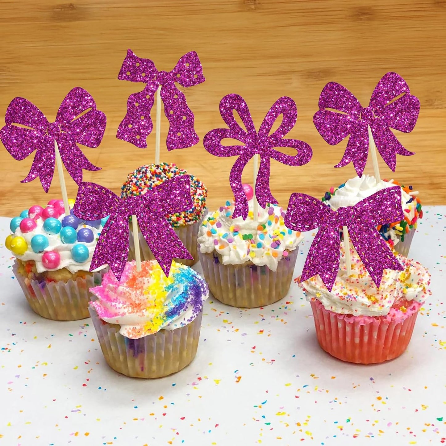 Ephlyn 24Pcs Bow Cupcake Toppers Bow Birthday Cake Topper Girls Birthday Party Decorations Bowknot Cupcake Decorations for Bridal Baby Shower Birthday Wedding Themed Party Purple