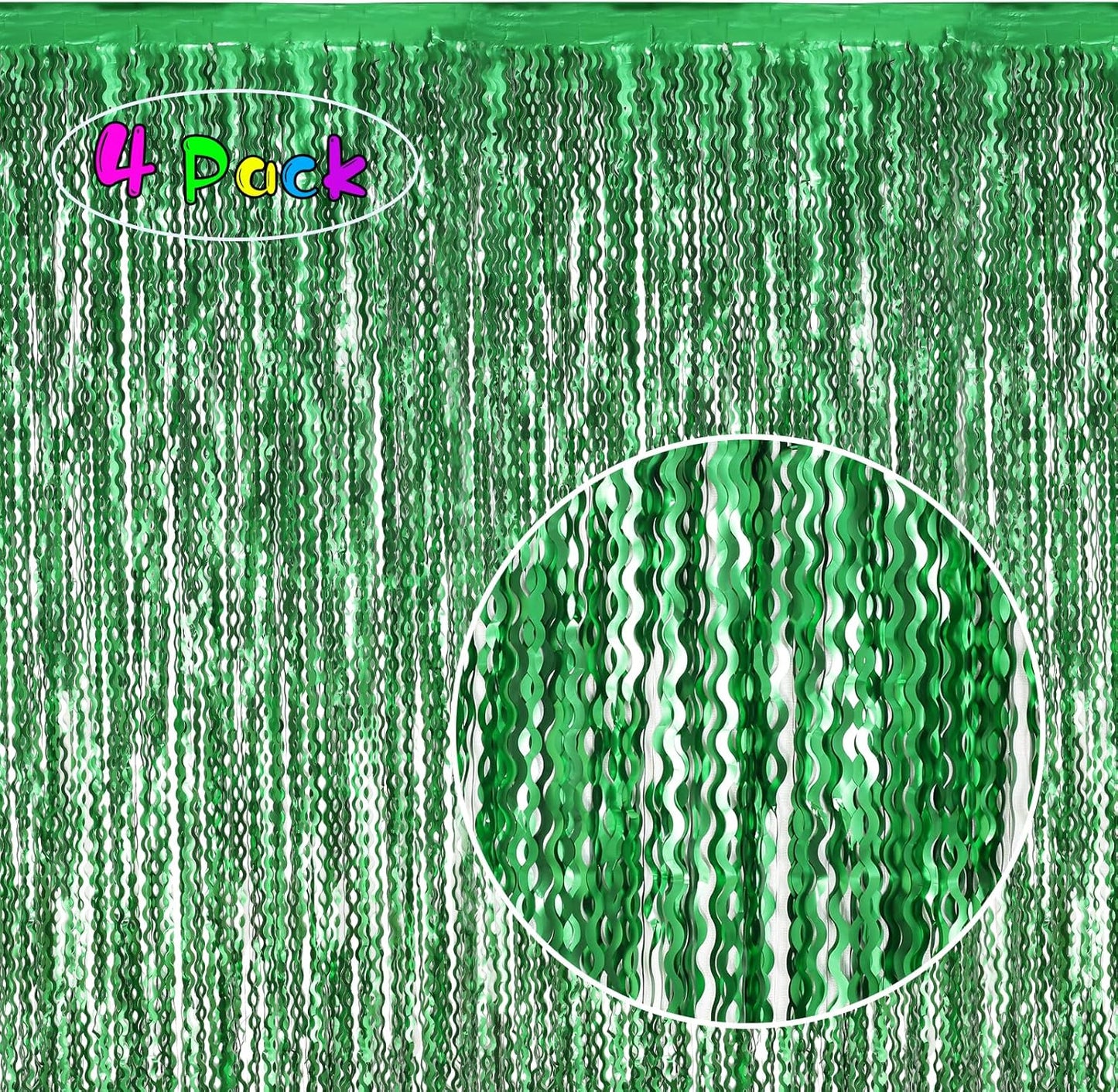 4Pcs Wavy Green Fringe Backdrop -3.3x6.6ft Green Streamer Foil Curtains for Jungle Party Decorations | St Patricks Day Decorations | Football Decorations | Xmas