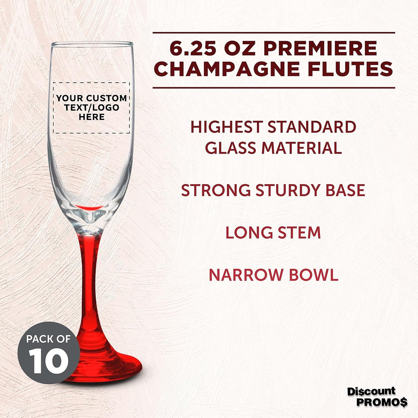 DISCOUNT PROMOS Custom Premiere Champagne Flutes 6.25 oz. Set of 10, Personalized Bulk Pack - Elegant Drinkware for Weddings, Events, & Promotional Gifts - Red