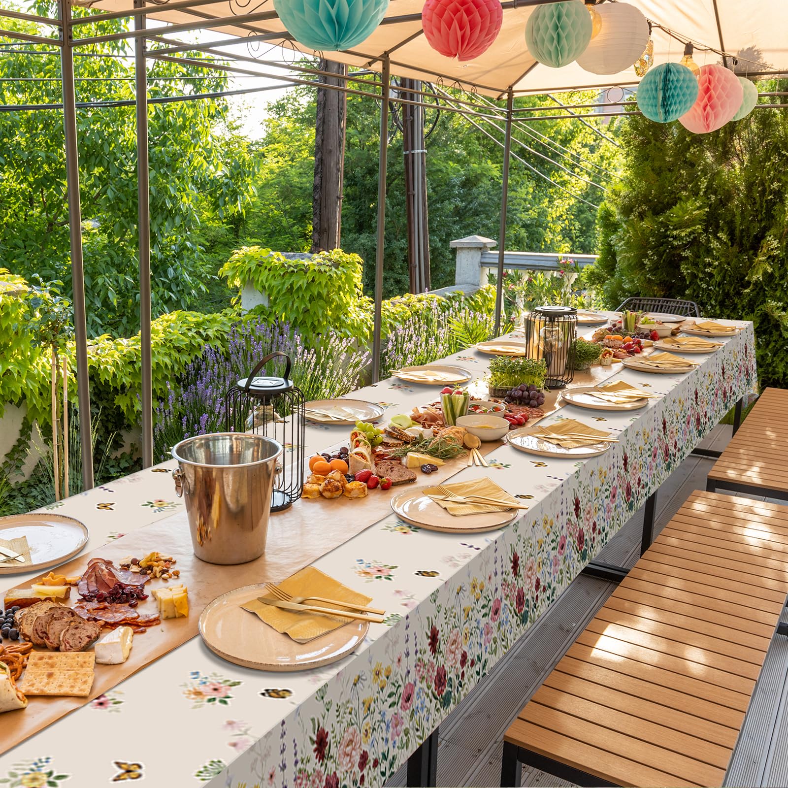 3 Pcs Spring Floral Tablecloth, Butterfly Wildflower Plastic Disposable Tablecloth Rectangle Table