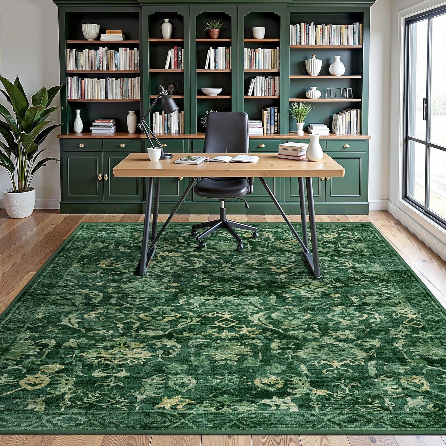 Dark Green Area Rugs 7x9 for Bedroom Nursery, Machine Washable Vintage Rugs, Distressed Living Room Non Slip Rugs for Living Room Carpet Green Area Rug for Dining