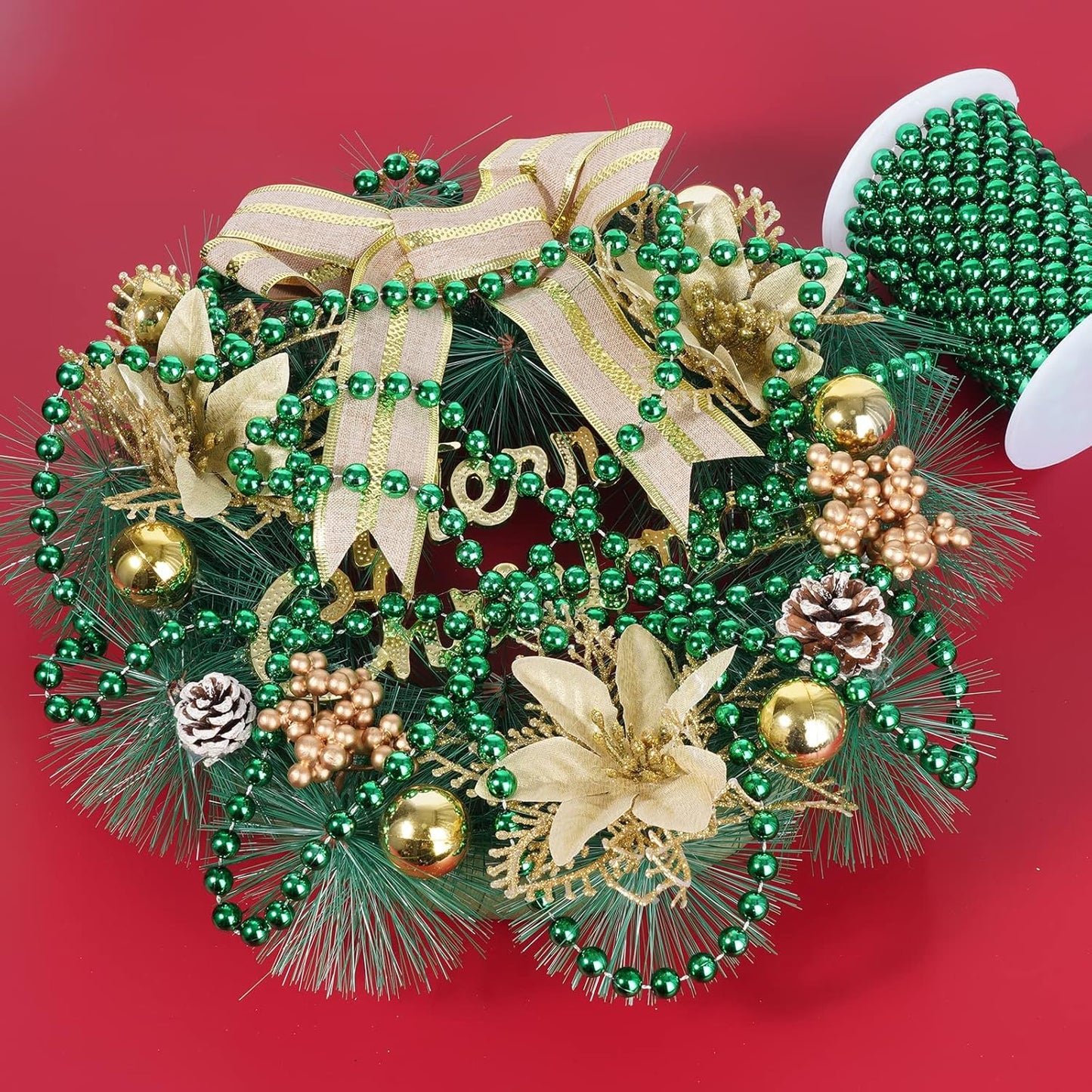 Faux Pearl Bead Garland - 10mm Christmas Tree Beads 11 Yards Green Pearl Strands Spool Roll for Wedding Party Christmas Tree Decoration