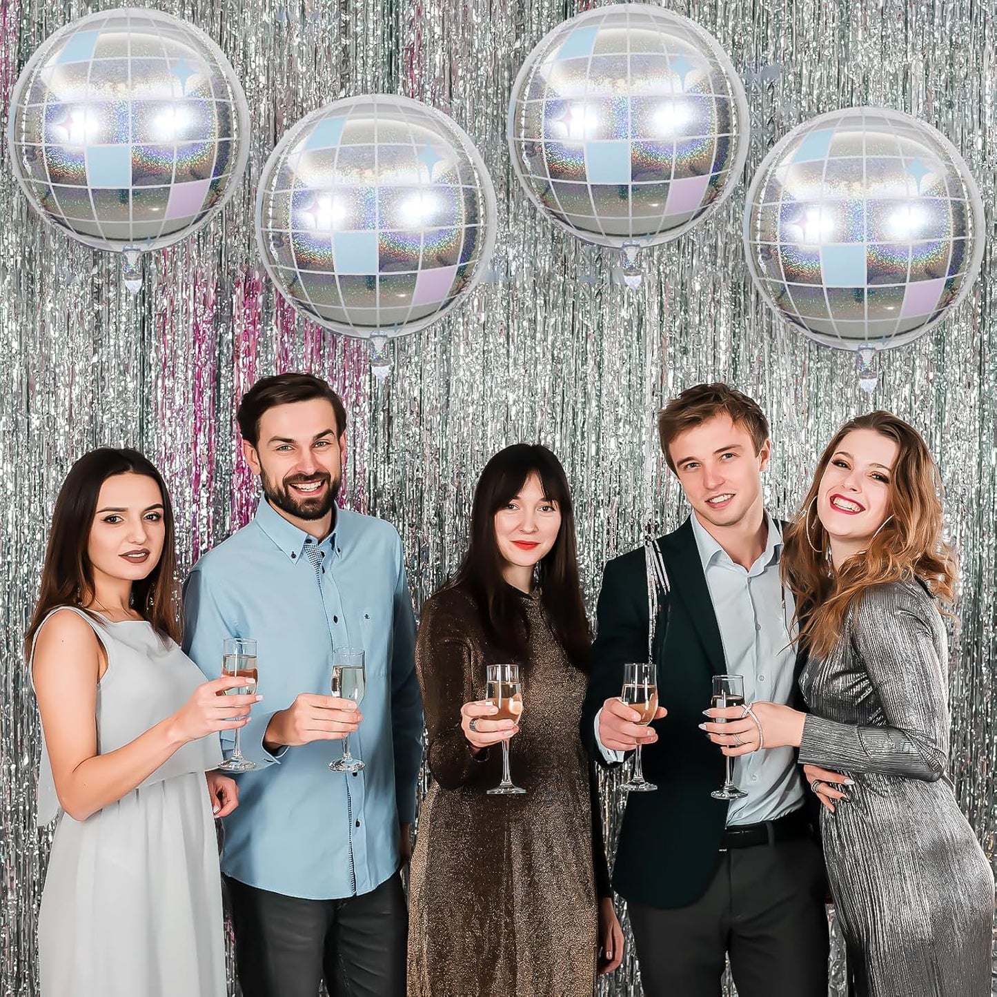 Iridescent Disco Ball Balloons 4PC,Foil Disco Balloons 22 Inch 4D Round Balloon for 70s 80s Birthday Bachelorette Graduation Decorations