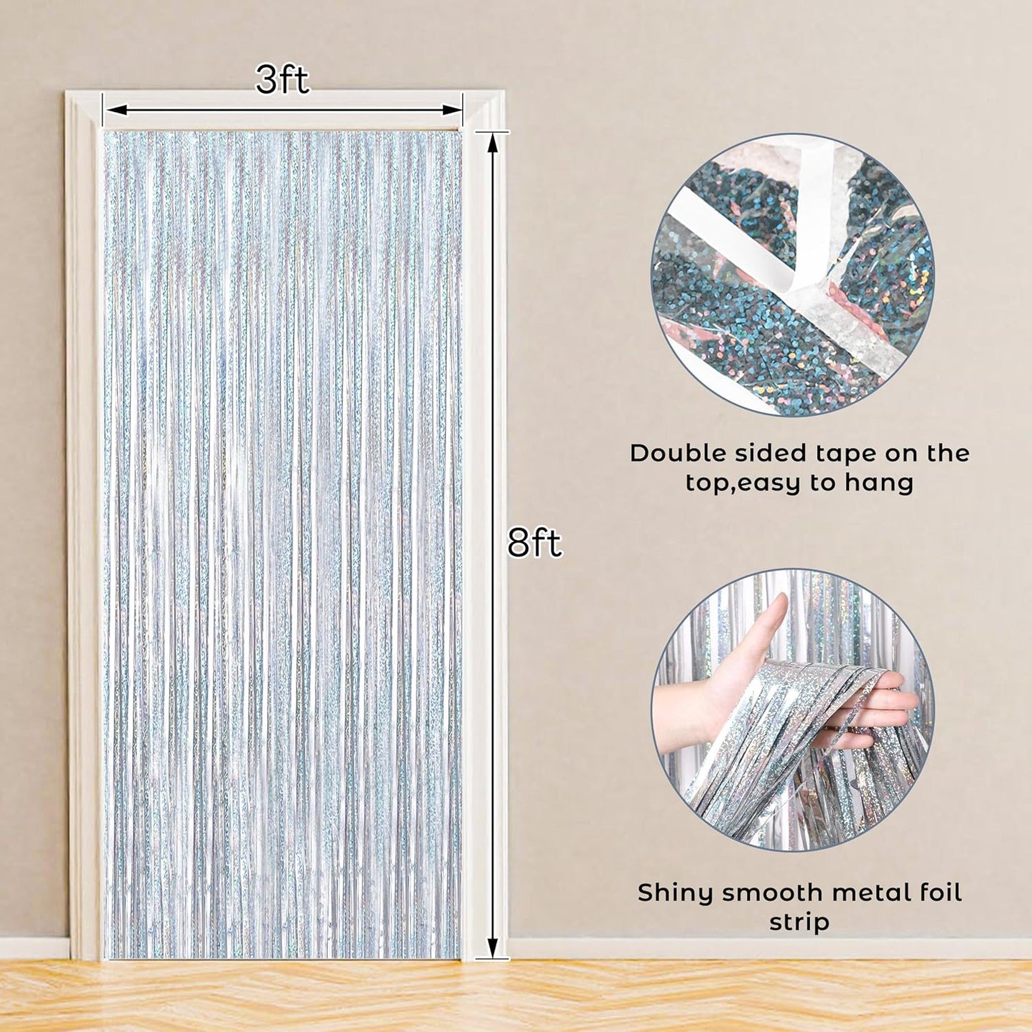 BTSD-home 4 Pack Laser Silver Foil Fringe Curtain Holographic, Metallic Photo Booth Tinsel Backdrop Door Curtains for Wedding Birthday Baby Shower Bachelorette Party Decorations(3ft x 8ft)