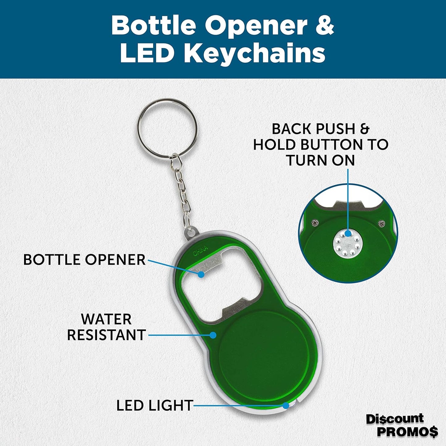 Bottle Opener & LED Keychains Set of 10, Bulk Pack - Perfect for Tradeshows, Party Favors, Other Events - Green