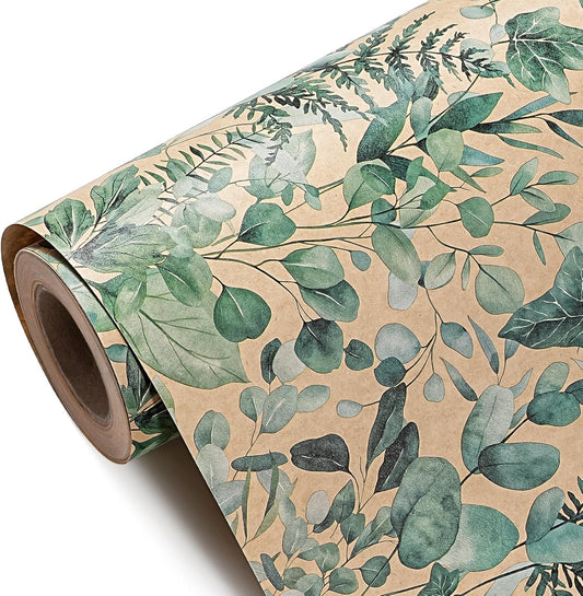 WRAPAHOLIC Kraft Eucalyptus Leaves Wrapping Paper Roll - Mini Roll - 17 Inch x 16.5 Feet - Greenery Wrapping Paper Perfect for Birthday, Wedding, Bridal Shower