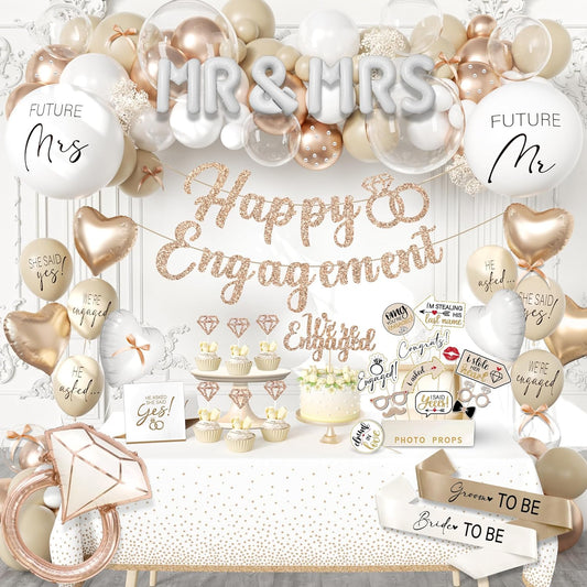 261 Pc Premium Engagement Party Decorations Kit – Elegant Mr. & Mrs. Wedding Balloons, Happy Engagement Banner, Diamond Ring White Gold Balloons, Cupcake Toppers – Classy Bride To Be Decor