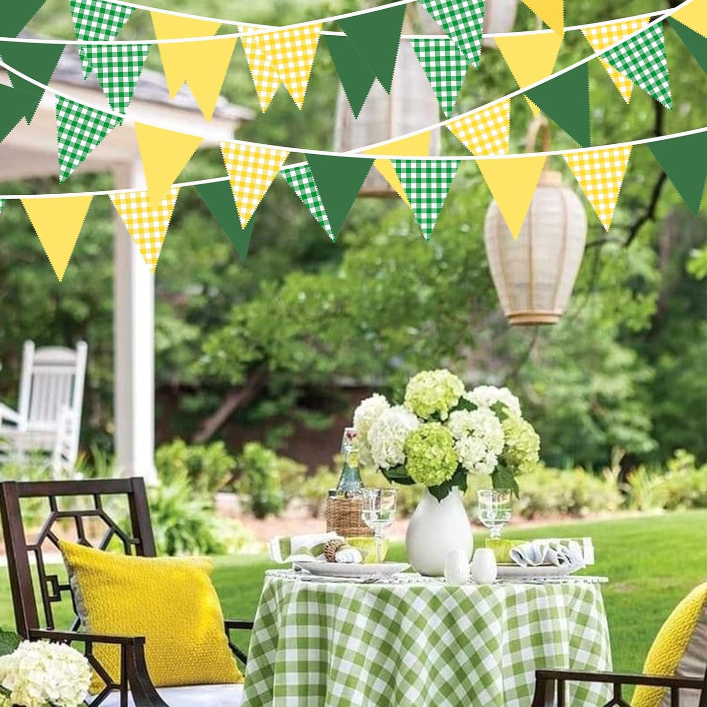 32Ft Yellow Green Party Decorations Green Yellow Gingham Banner Buffalo Plaid Checkered Triangle Flag Pennant Fabric Garland Streamers for Master Golf Birthday Baby Shower Picnic Golf Decor Supplies