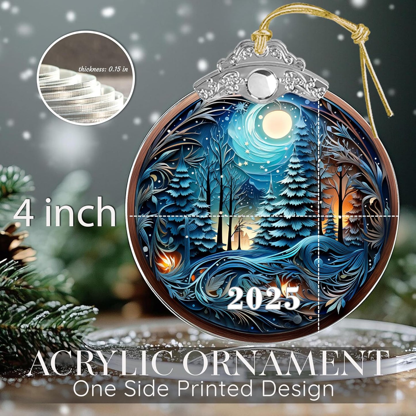 Christmas Ornaments, Tree 4 Inch Acrylic Ornament Art, Holiday Decoration, Car Interiors Decor, Tree Ornaments, 2025 Christmas Ornament (Noel in The Forest)