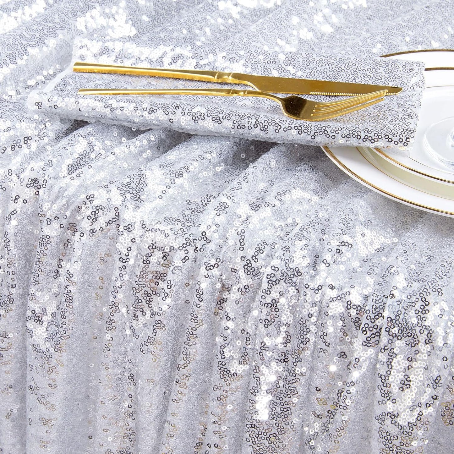 QueenDream Sequin Tablecloth Silver Rectangle Table Cloth - 50x80 Inch Glitter Fabric Overlay for Birthday Wedding Party