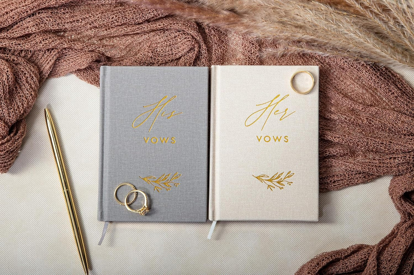 His and Her Vow Books (Set of 2) - Grey & Ivory Hard Cover Gold Embossed Notebook Journal Diary for Nuptial Wedding Cerenomy Vow Renewal / Engagement Gift for Newly Engaged Couples at Bridal Shower