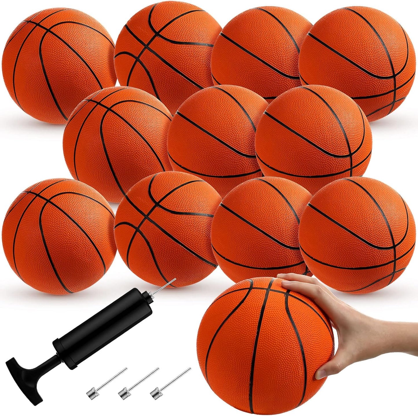 12 Pcs Mini Rubber Basketballs with Air Pump Set 7 Inch Mini Hoop Basketball Small Junior Size 3 Balls for Beginner Arcade Games Indoor Outdoor Pool Favors