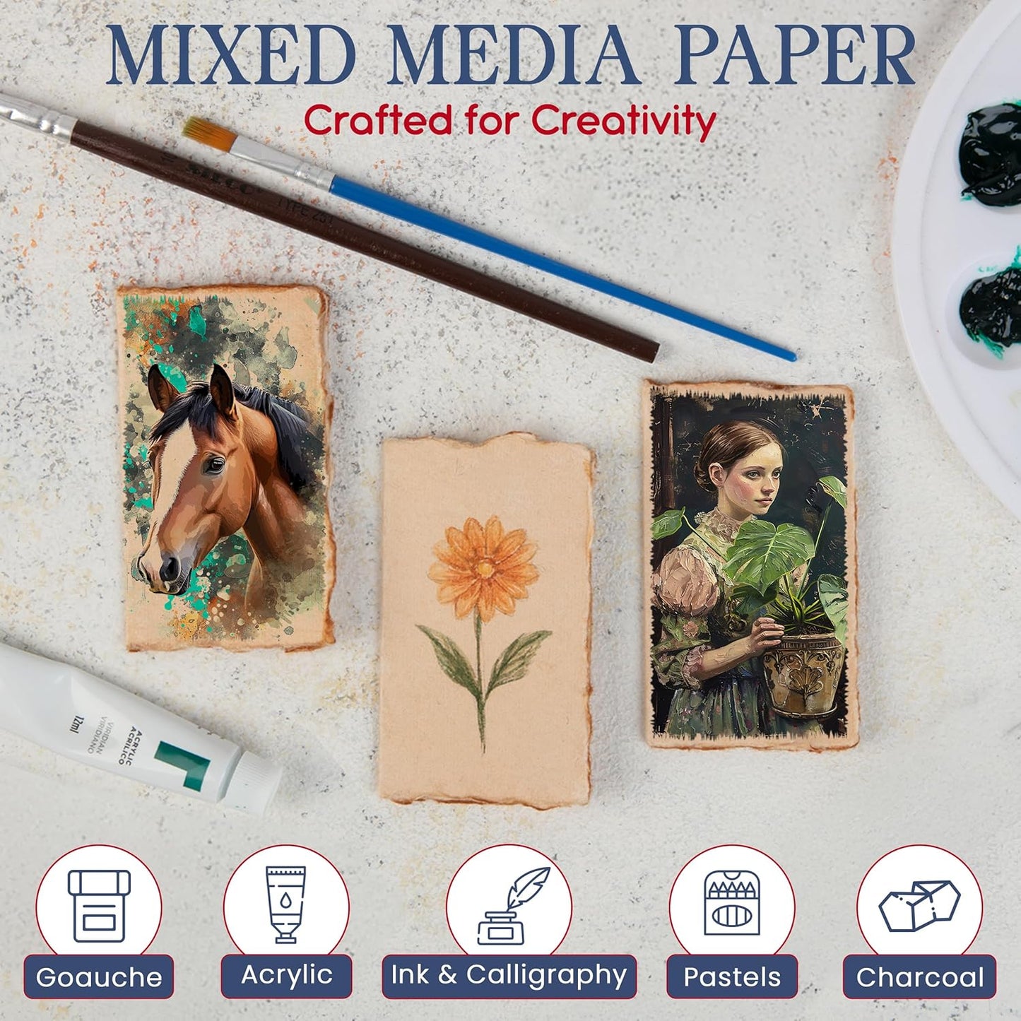 Wanderings Vintage Handmade Deckle Edge Folded Paper ??Folded to 3.5"x2" ??150 GSM - 50-Pack ??Textured Cotton Paper ??Ideal for Place Cards, Blank Name Cards, Table Settings, Gift Tags, Love Notes