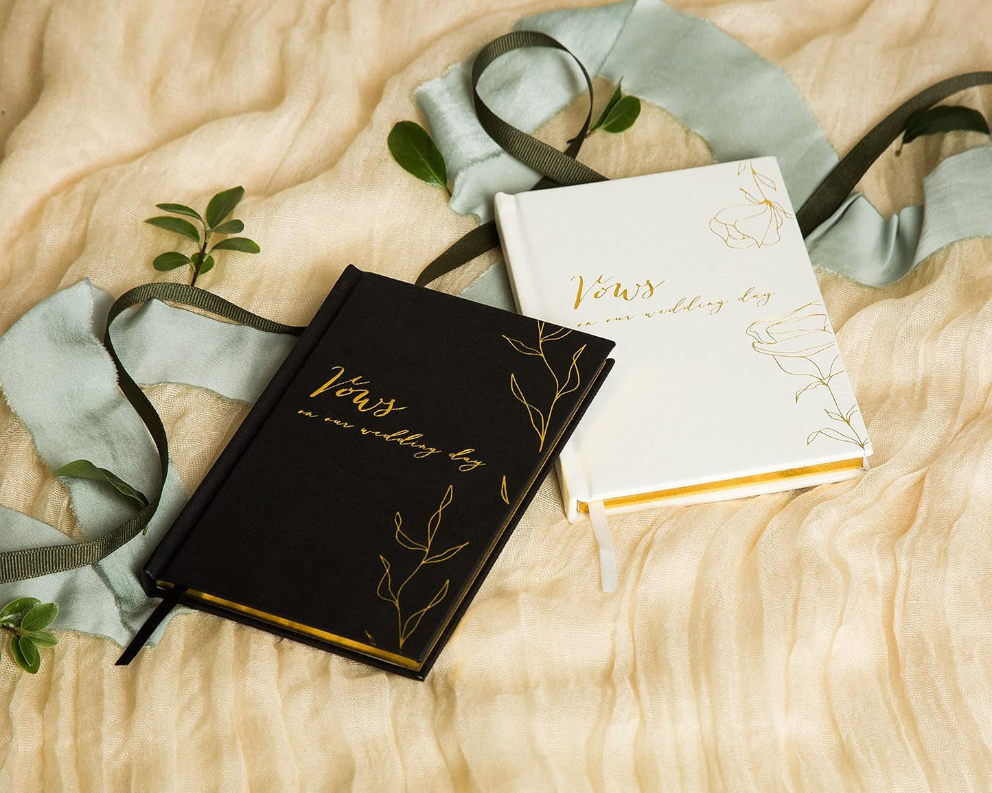 Vows On Our Wedding Day Vow Books (Set of 2) - Black & White Pocket Sized Foil Embossed Foliage Design Wedding Ceremony Vow Renewal Speech Notebook Planner, Gift for Bride & Groom Newly Engaged Couple