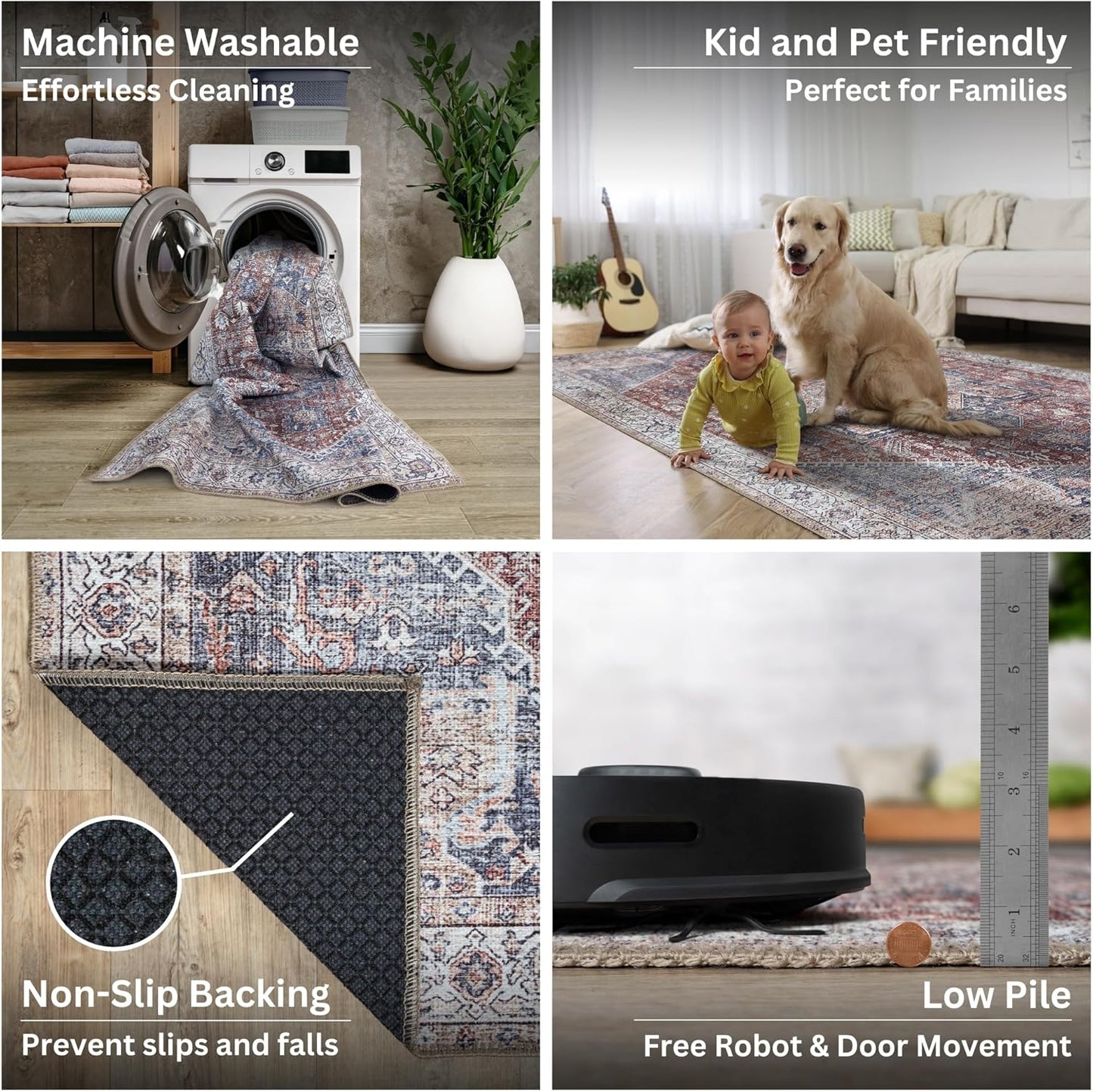 Bloom Rugs Washable Non-Slip 6' x 9' Rug - Red/Blue Traditional Medallion Area Rug for Living Room, Bedroom, Dining Room, and Kitchen - Exact Size: 6' x 9'