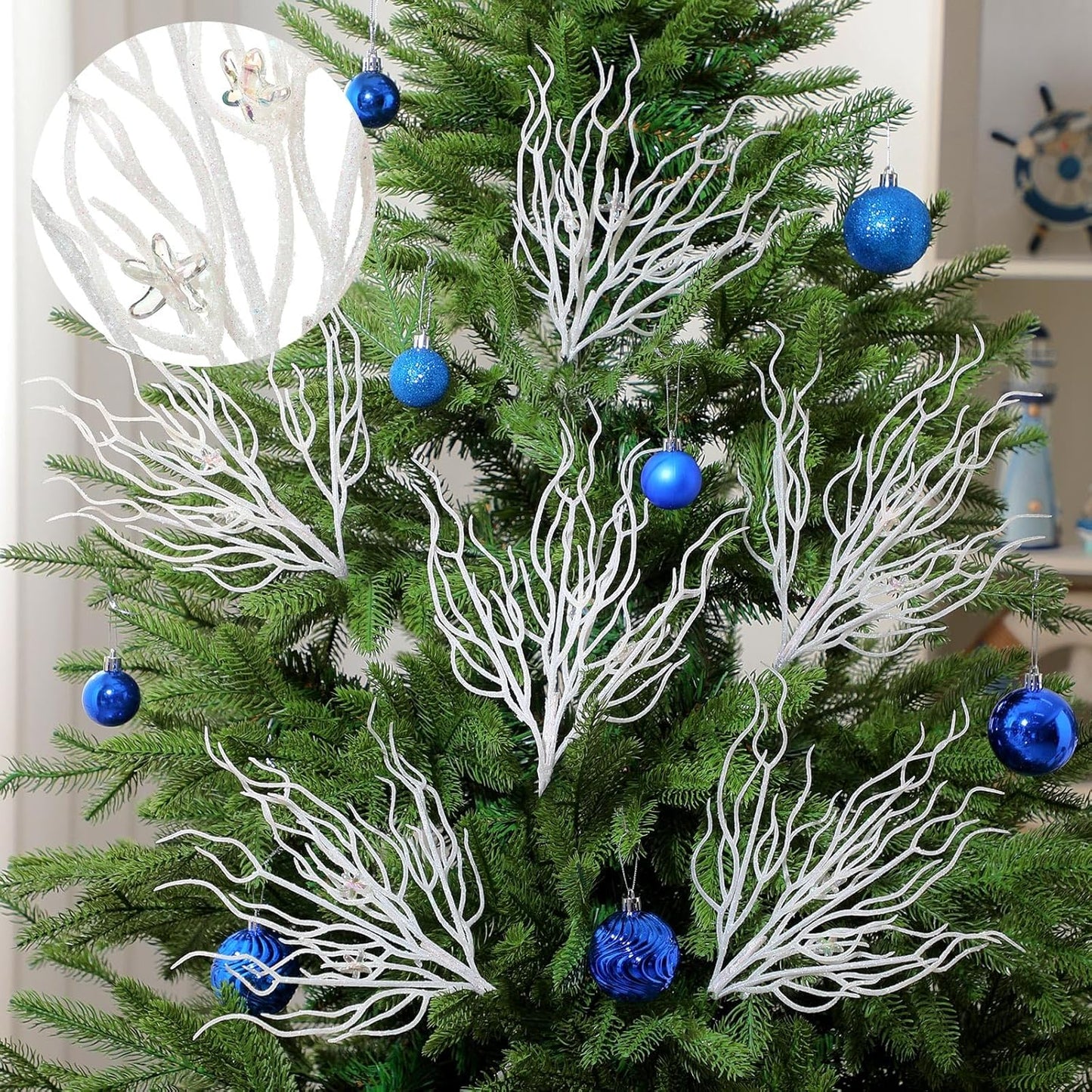 8 Pcs White Coastal Ornaments for Christmas Tree 15.7inch Glitter Coral Beach Ocean Spray Pick Branch Christmas Tree Topper Decorations Filler Twigs for Xmas Vase Wreaths Gift