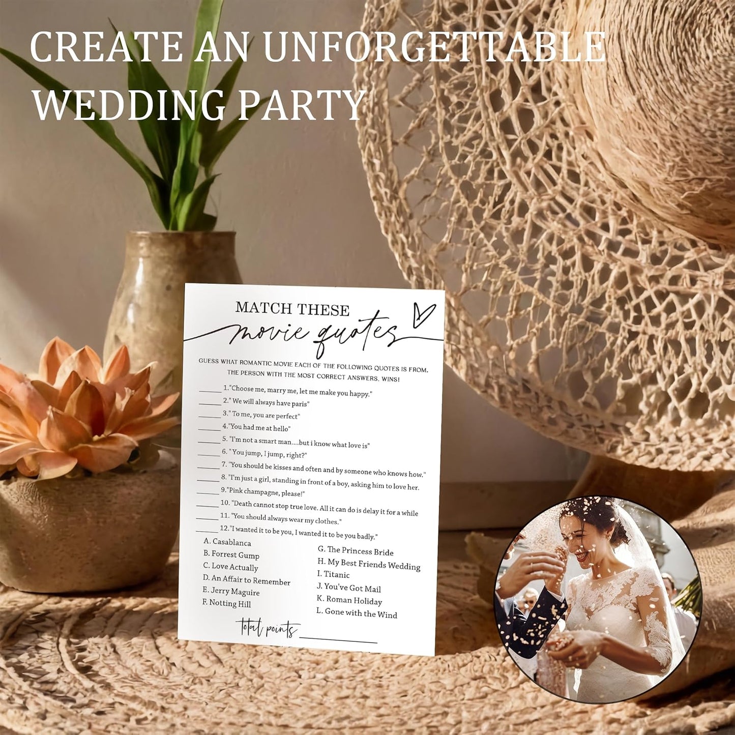 Fun Bridal Shower Games Set 25 Wedding Games Cards with 1 Answer Card Match Movie Quotes for Minimalist White Newlywed Party Entertainment Supplies - A02