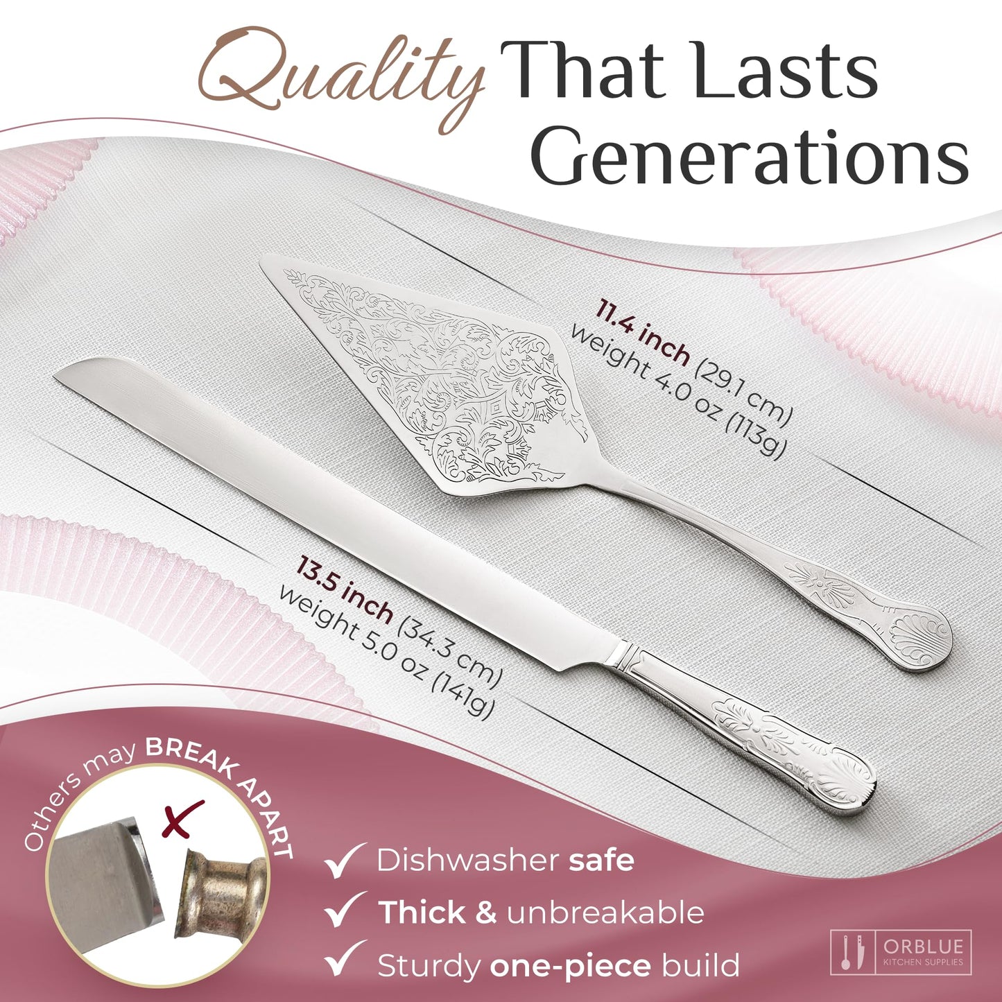 Orblue Wedding Cake Knife and Server Set - Premium, Beautifully Engraved Cutting Set - Elegant
