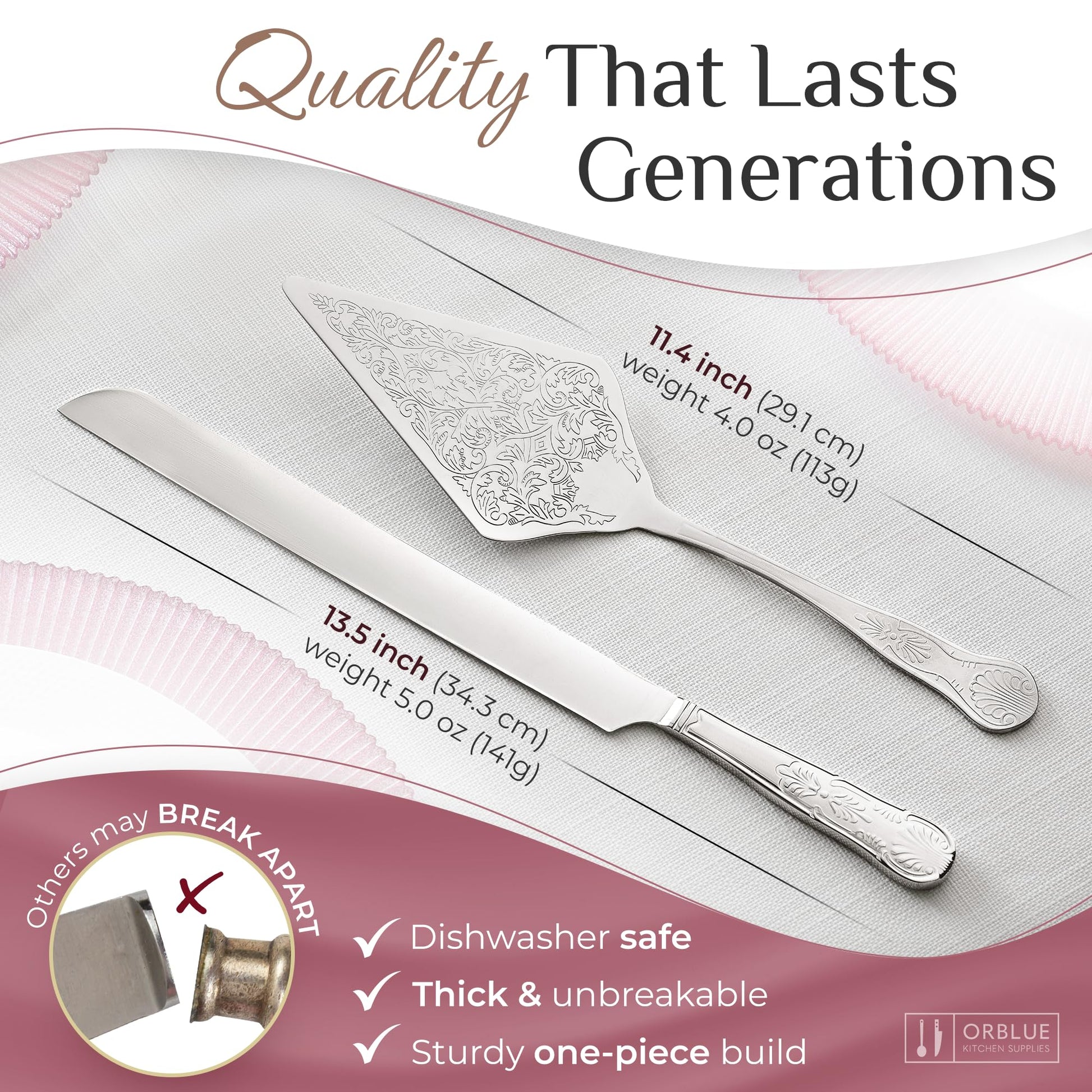 Orblue Wedding Cake Knife and Server Set - Premium, Beautifully Engraved Cutting Set - Elegant