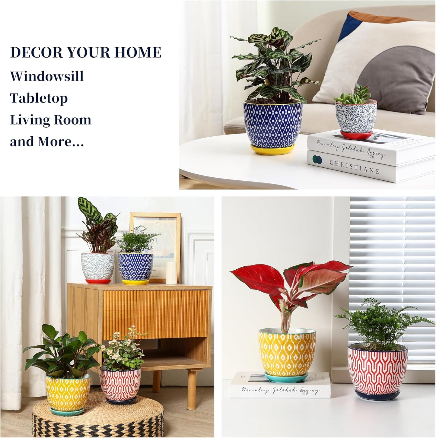 Selamica Ceramic Plant Pots, 5.6 Inch Flower Pots for Indoor Plants, Planters with Drainage Hole and Saucer, Garden Pots for Succulent, Orchid, Home Decor, Set of 4, Assorted Colors