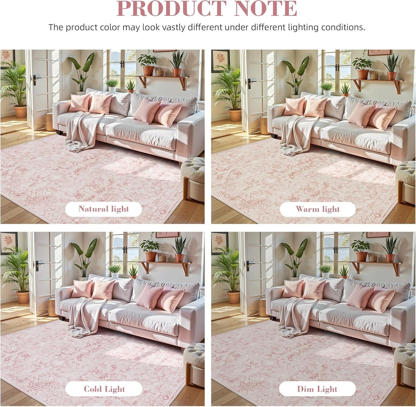 Pink Extra Large Area Rug 10x14 for Living Room, Distressed Washable Rug for Dining Room Bedroom, Anti-Slip Low-Pile and Soft Accent Rug Farmhouse Office Home Decor