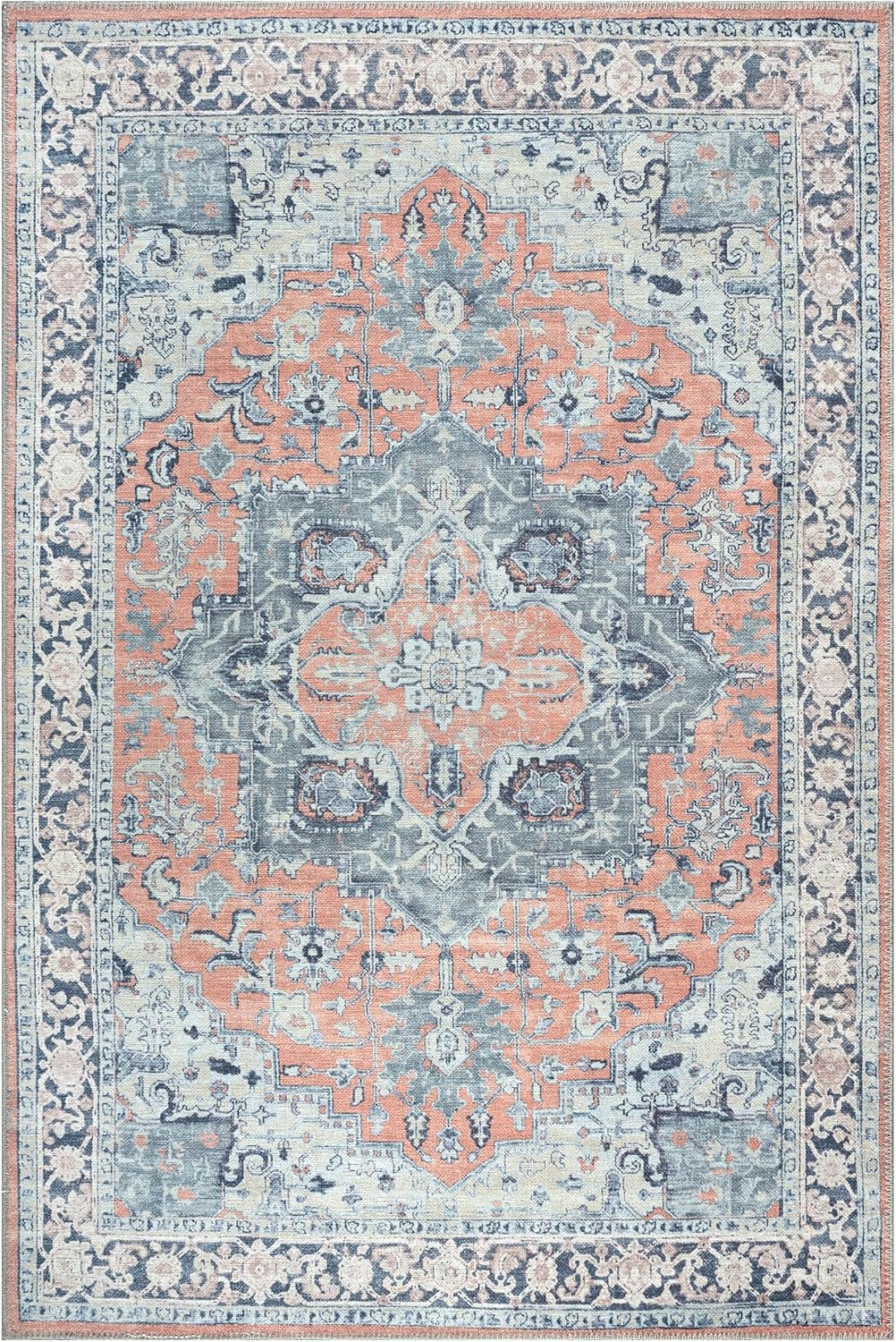 Bloom Rugs Washable Non-Slip 4' x 6' Rug - Coral/Blue Traditional Medallion Area Rug for Living Room, Bedroom, Dining Room, and Kitchen - Exact Size: 4' x 6'
