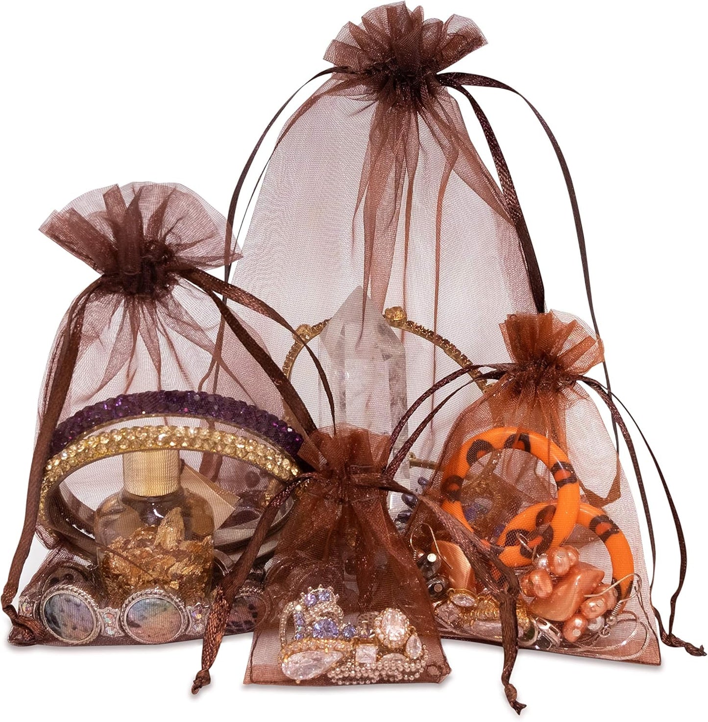 TheDisplayGuys 48-Pack 3x4 Brown Sheer Organza Gift Bags with Drawstring, Jewelry Candy Treat Wedding Party Favors Mesh Pouch