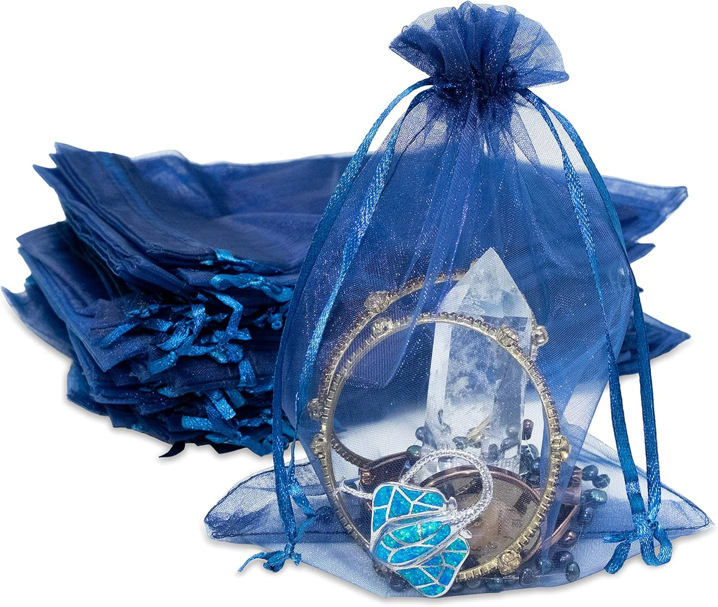 TheDisplayGuys 100-Pack 6x8 Navy Blue Sheer Organza Gift Bags with Drawstring, Jewelry Candy Treat Wedding Party Favors Mesh Pouch