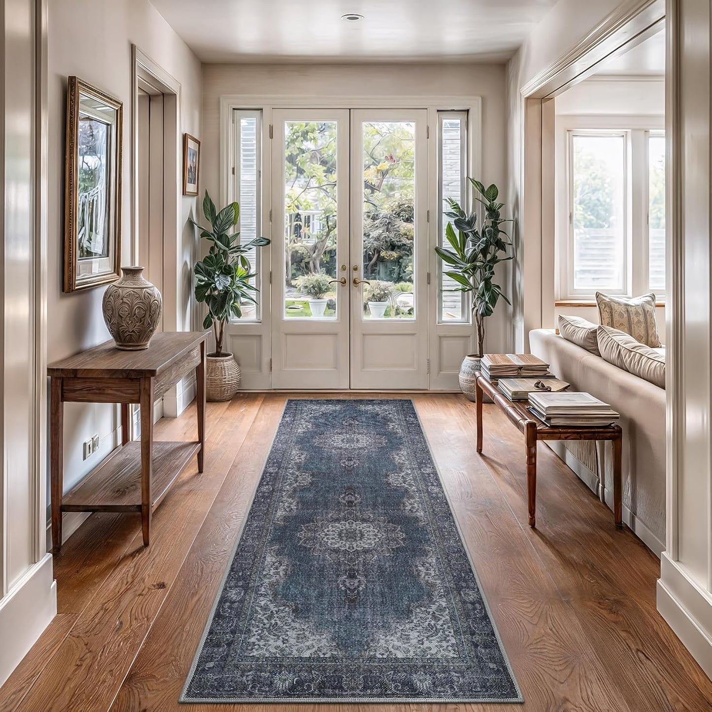 Bloom Rugs Washable Non-Slip 7 ft Runner - Dark Teal Traditional Medallion Runner for Entryway, Hallway, Bathroom, and Kitchen - Exact Size: 2.5' x 7'