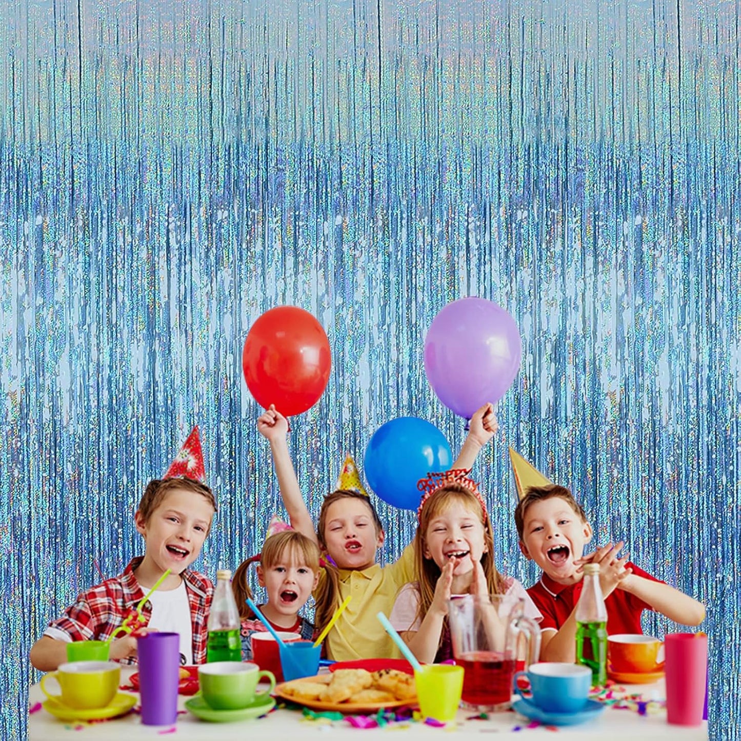 4p Pack Sky Blue Tinsel Foil Fringe Curtain Backdrop, 3.28Ft x 8.2Ft Metallic Streamers for Photo Booth Props Wedding Bridal Shower Bachelorette Birthday Christmas Party Decoration