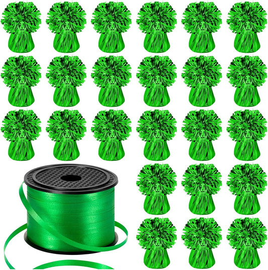 24 PCS Balloon Weights Metallic Anchor, Balloon Holder Heavy Weights with 1 Roll Green Crimped Ribbon for Balloons Table Party Favor Birthday Decor(Green)