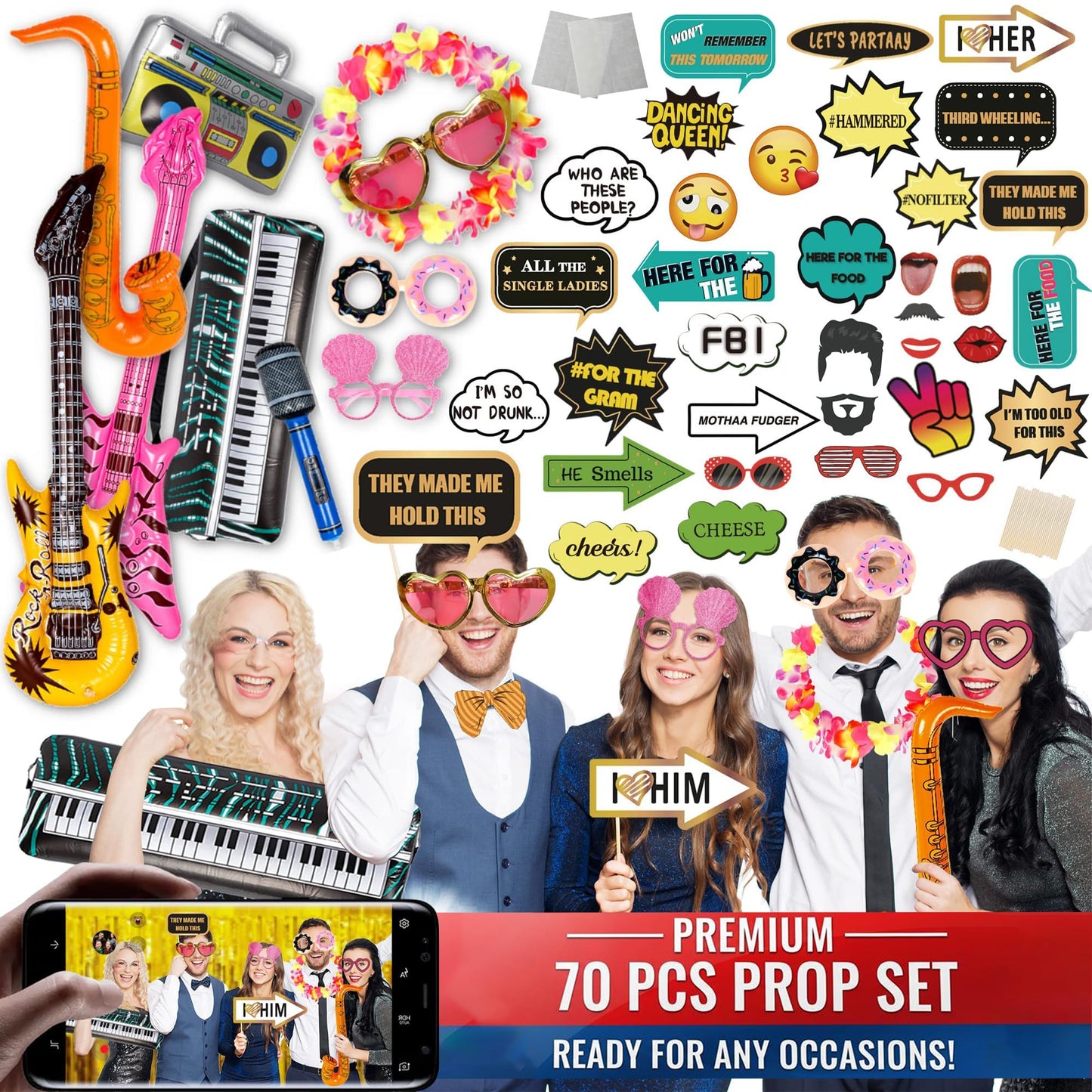 SOUL SHIFT 70 Pc Large Premium Photo Booth Props Set for All Occasions - Wedding Props, Birthday