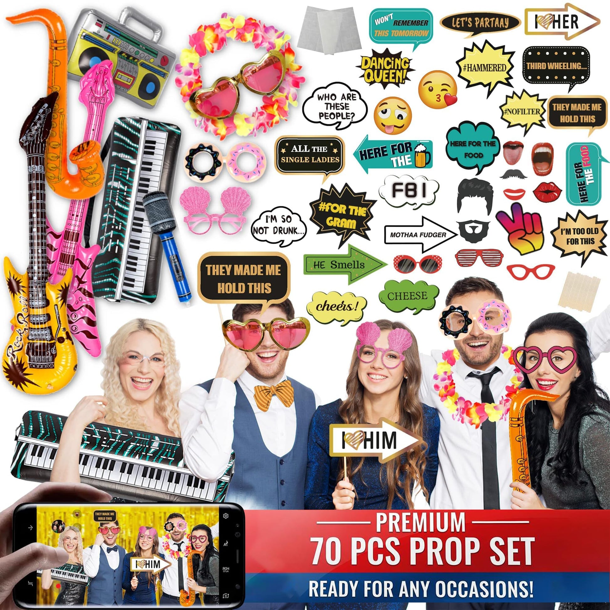 SOUL SHIFT 70 Pc Large Premium Photo Booth Props Set for All Occasions - Wedding Props, Birthday
