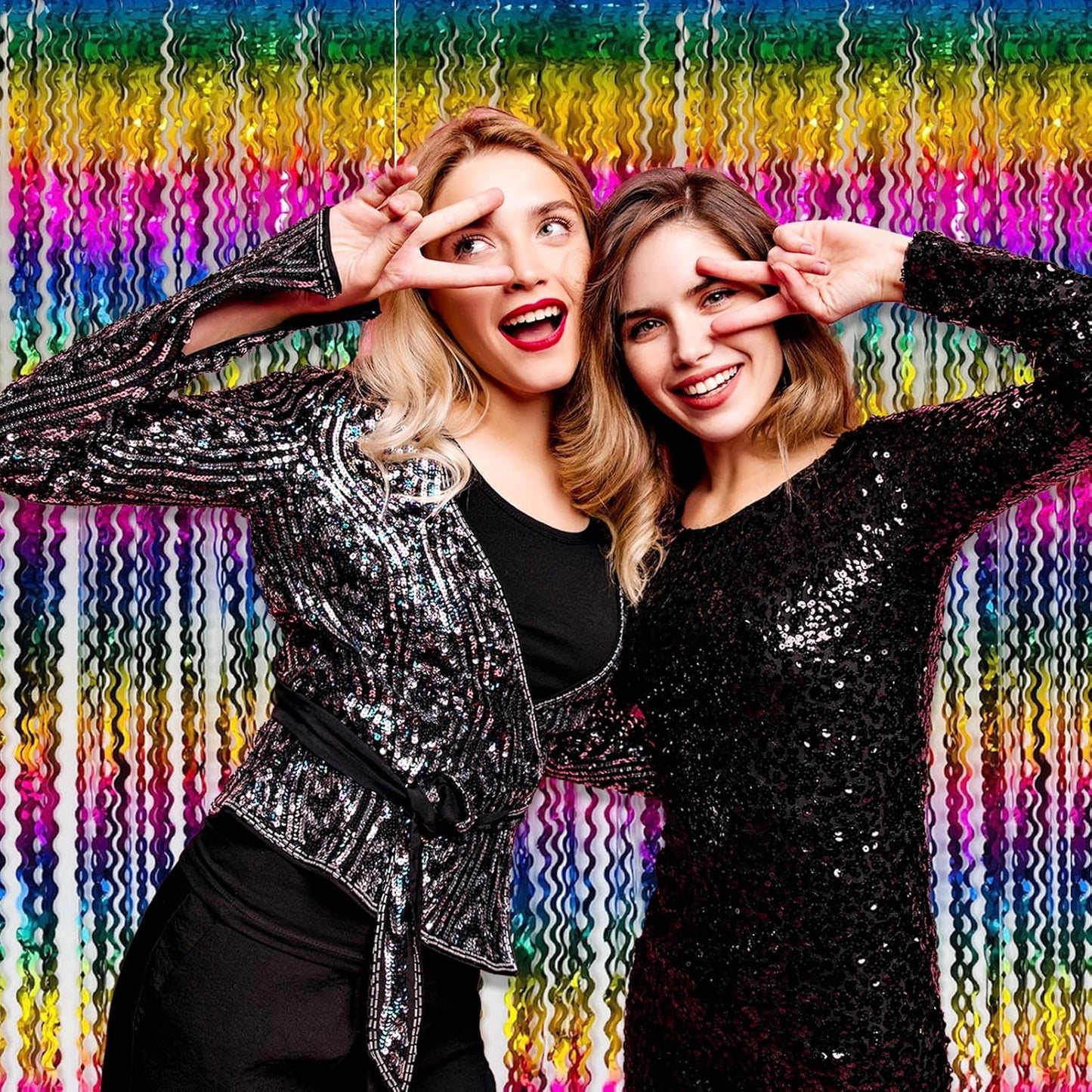 4 Pack Rainbow Wave Foil Fringe Curtain Backdrop, 3.28Ft x 8.2Ft Metallic Tinsel Foil Fringe Streamer Curtains for Photo Booth, Mother's Day, Easter, Birthday, Wedding Party Decoration