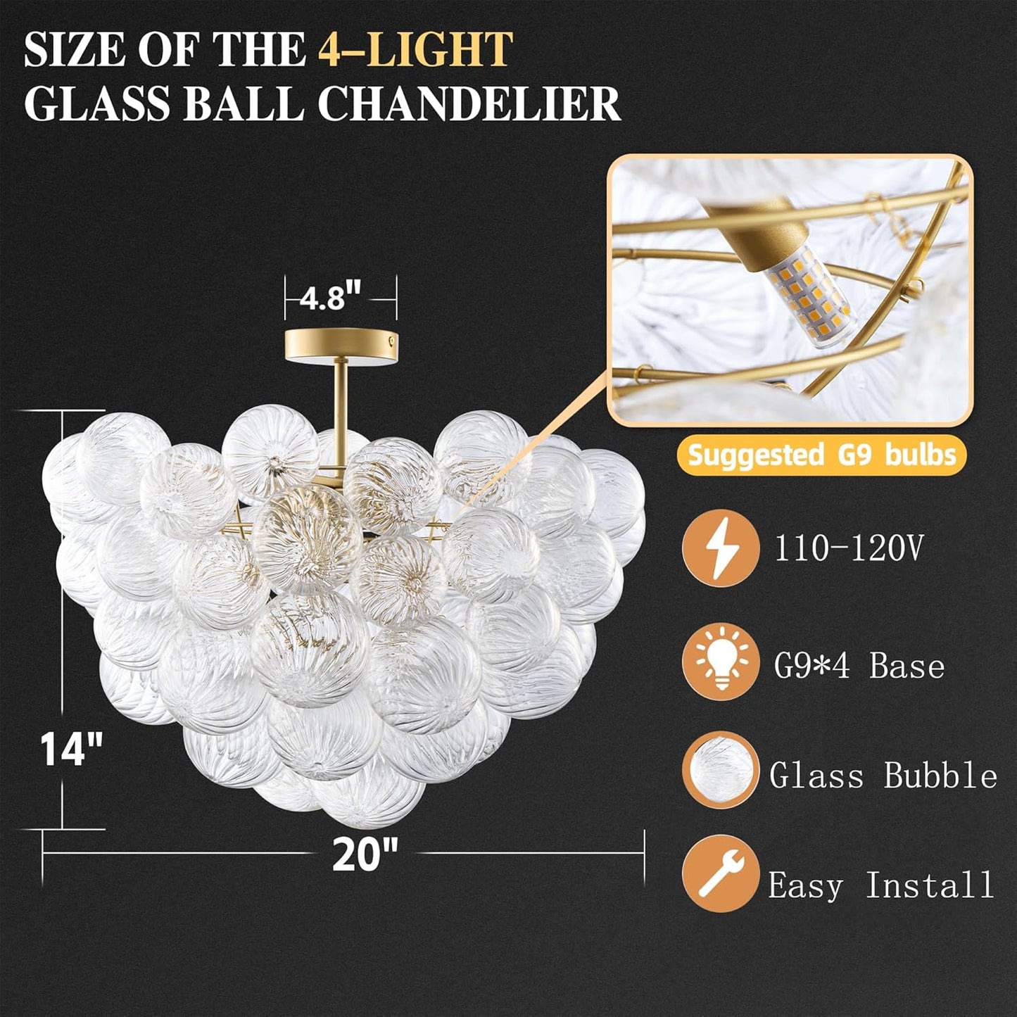 Bubble Ball Semi Flush Mounting Ceiling Light Fixtures, Dia 20 inch Gold and Clear Blown Glass Small Swirled Glass Chandelier for Bedroom Study Bathroom Dining Room