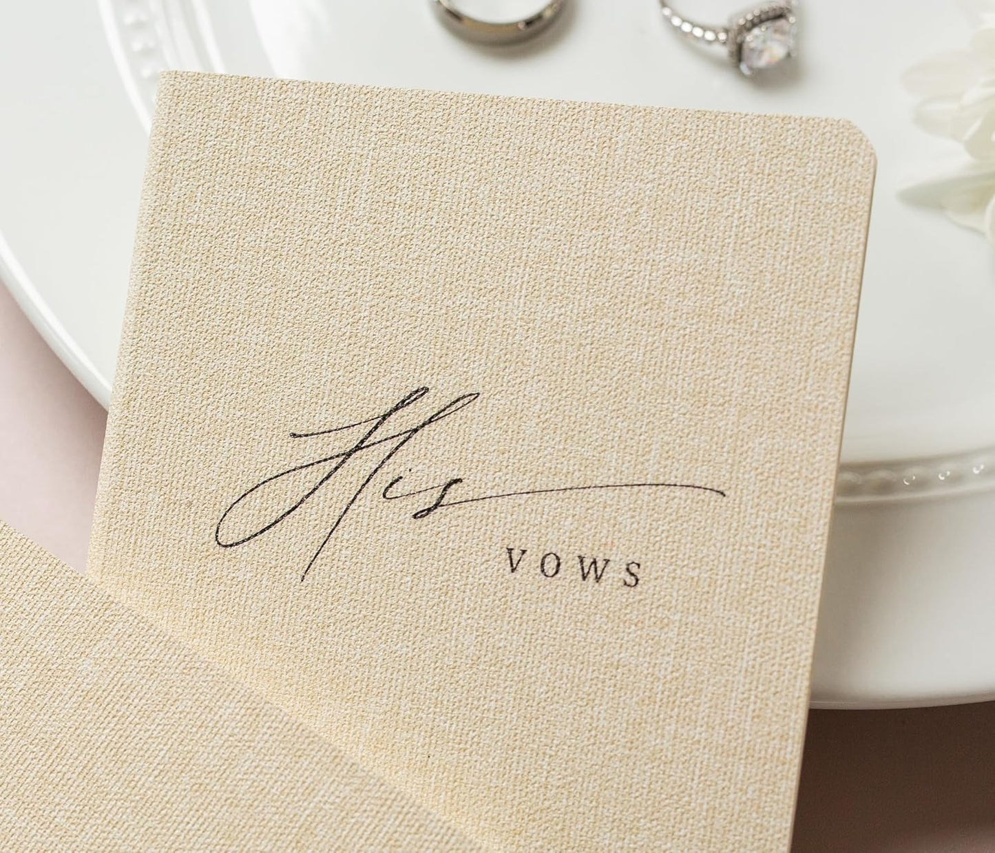 Slim Vow Books (Set of 2 - Design 5) - Soft Cream Canvas Linen Textured Cover Wedding Vow Booklets, Ceremony Speech Promise Notebook Journal, Gift for Newly Engaged Couple, 48 Lined Pages, 5.75" x 4"