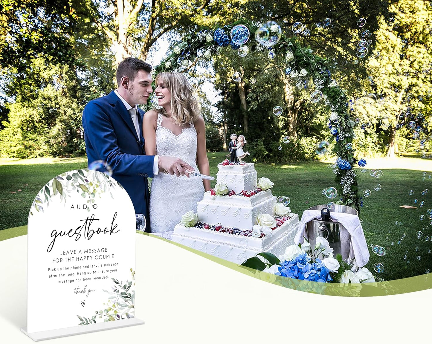 Greenery Audio Guest Book Sign, 6 x 8 Inch White Arch Acrylic Wedding Sign with Holder, Wedding Sign for Ceremony and Reception, Wedding Decoration, Wedding Supplies - LY29