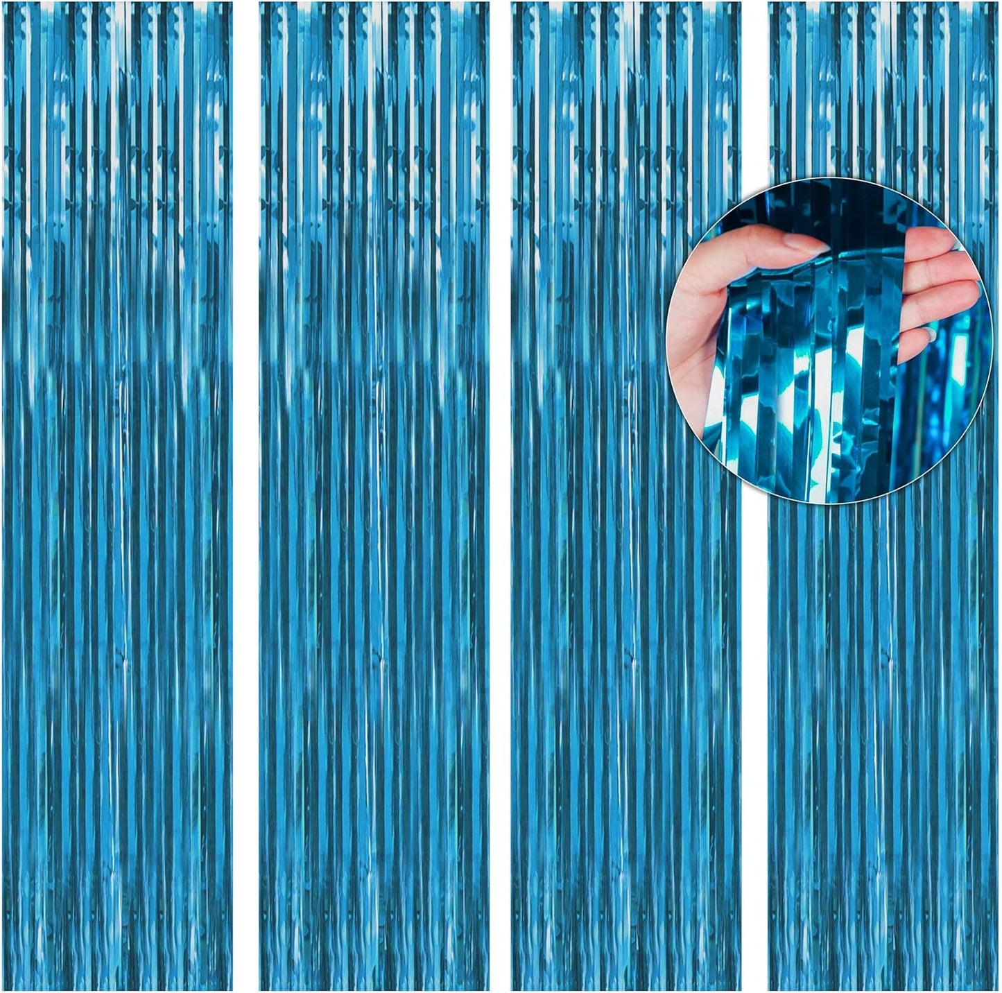BTSD-home Aquamarine Foil Fringe Curtain, Metallic Photo Booth Backdrop Tinsel Door Curtains for Wedding Birthday Bridal Shower Baby Shower Bachelorette Christmas Party Decorations(4 Pack, 8ft x 3ft)